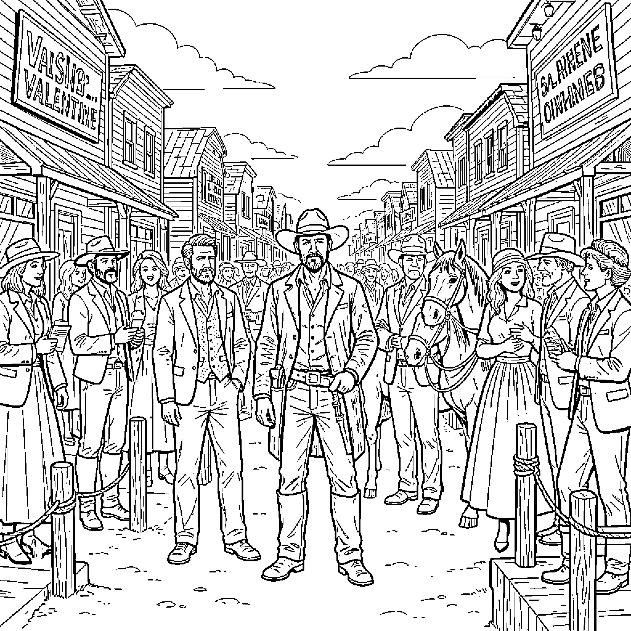 RDR2 Character group standing in a western town street Coloring Page (free black-and-white line drawing printable PDF for all, from beginners to advanced learners, including children, teens, adults, and seniors)