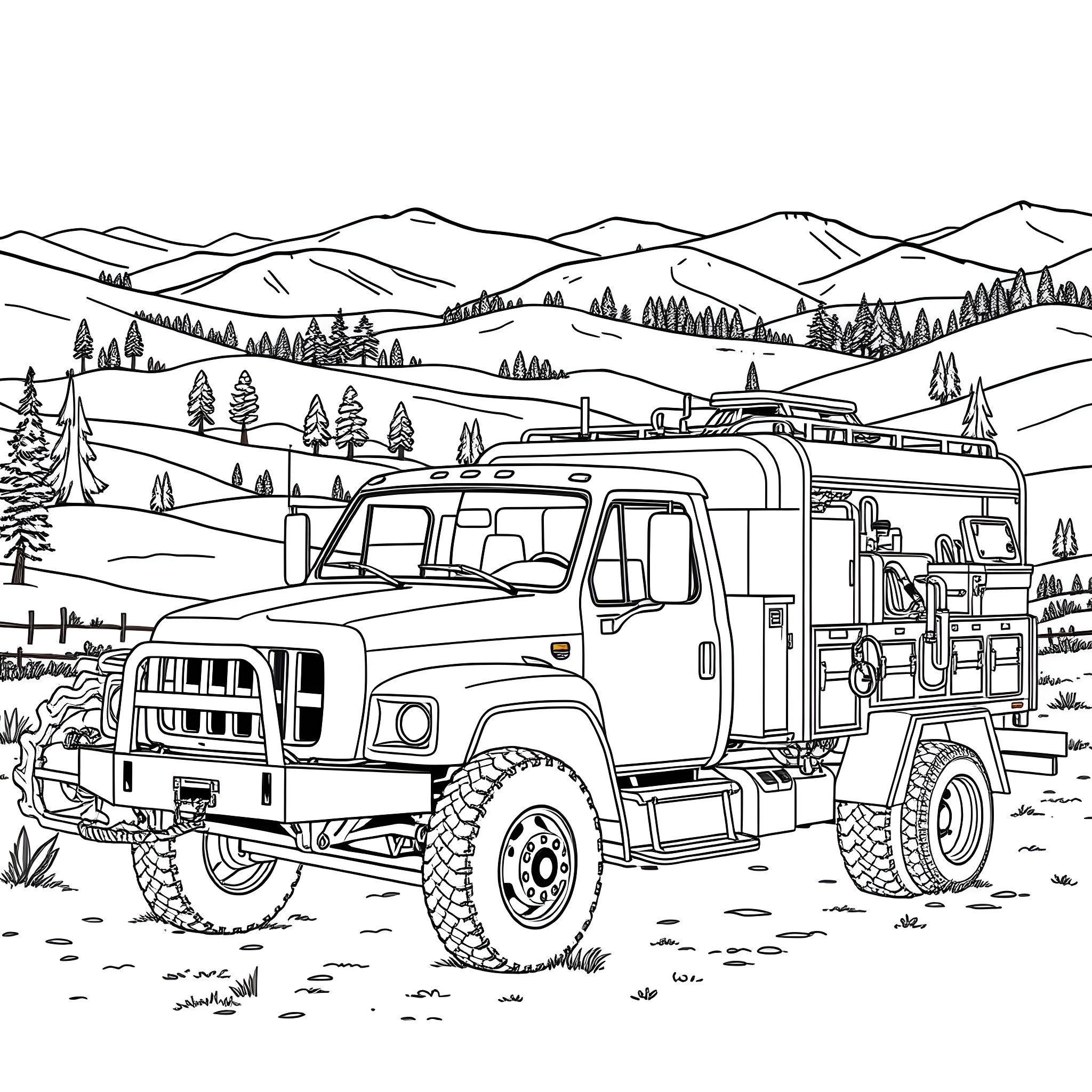 Truck exploring rugged mountain terrain Coloring Page (free black-and-white line drawing printable PDF for all, from beginners to advanced learners, including children, teens, adults, and seniors)