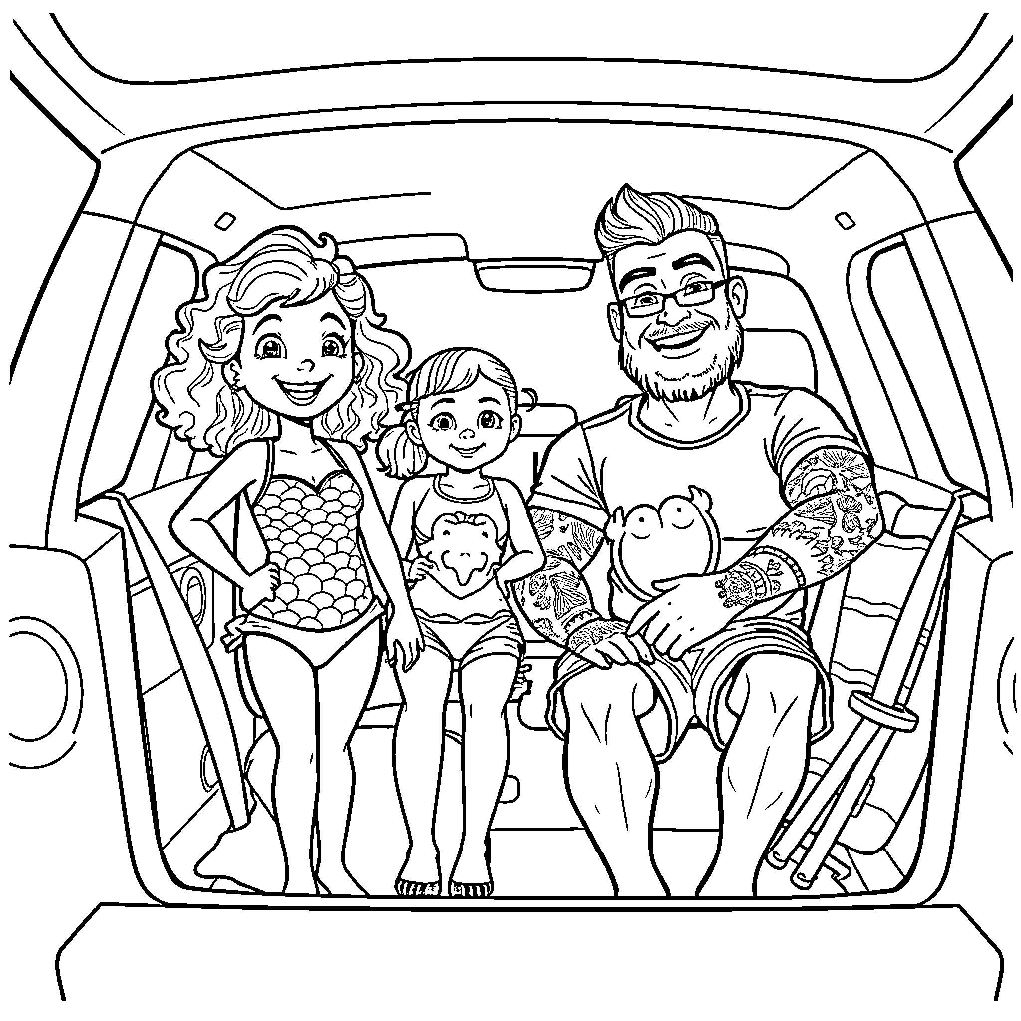 Family Enjoying a Road Trip Together Coloring Page (free black-and-white line drawing printable PDF for all, from beginners to advanced learners, including children, teens, adults, and seniors)