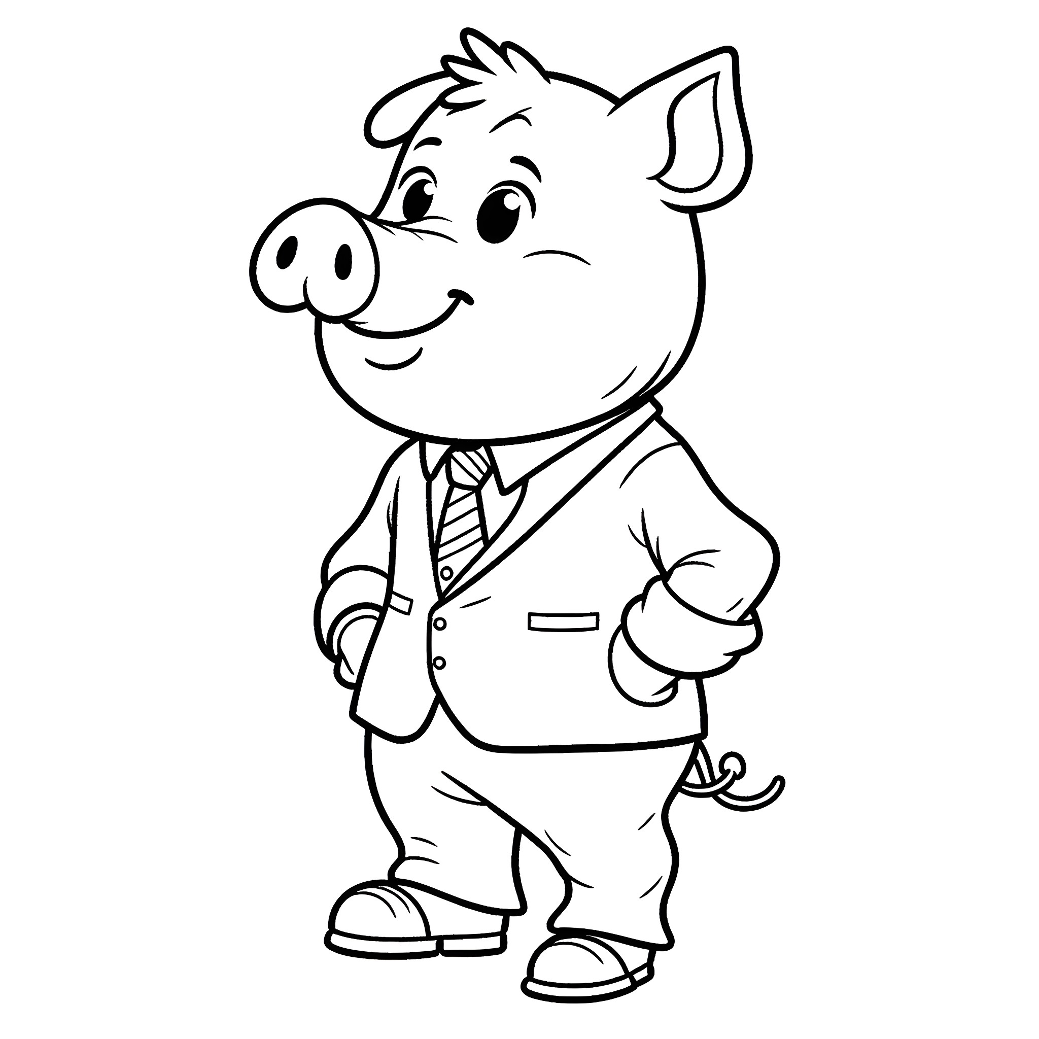 Pig in a business suit Coloring Page (free black-and-white line drawing printable PDF for all, from beginners to advanced learners, including children, teens, adults, and seniors)