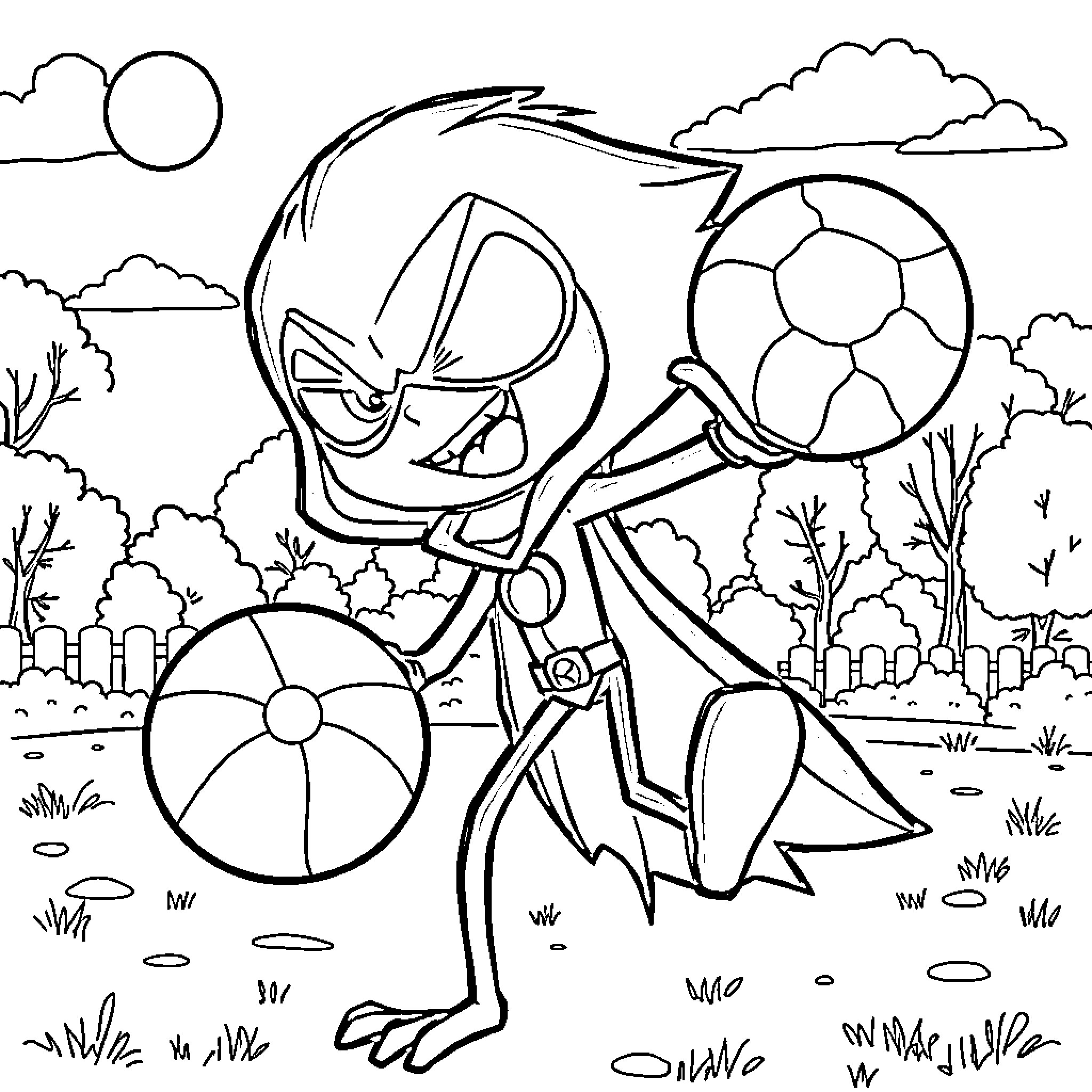 Raven-like creature playing with beach balls in nature Coloring Page (free black-and-white line drawing printable PDF for all, from beginners to advanced learners, including children, teens, adults, and seniors)