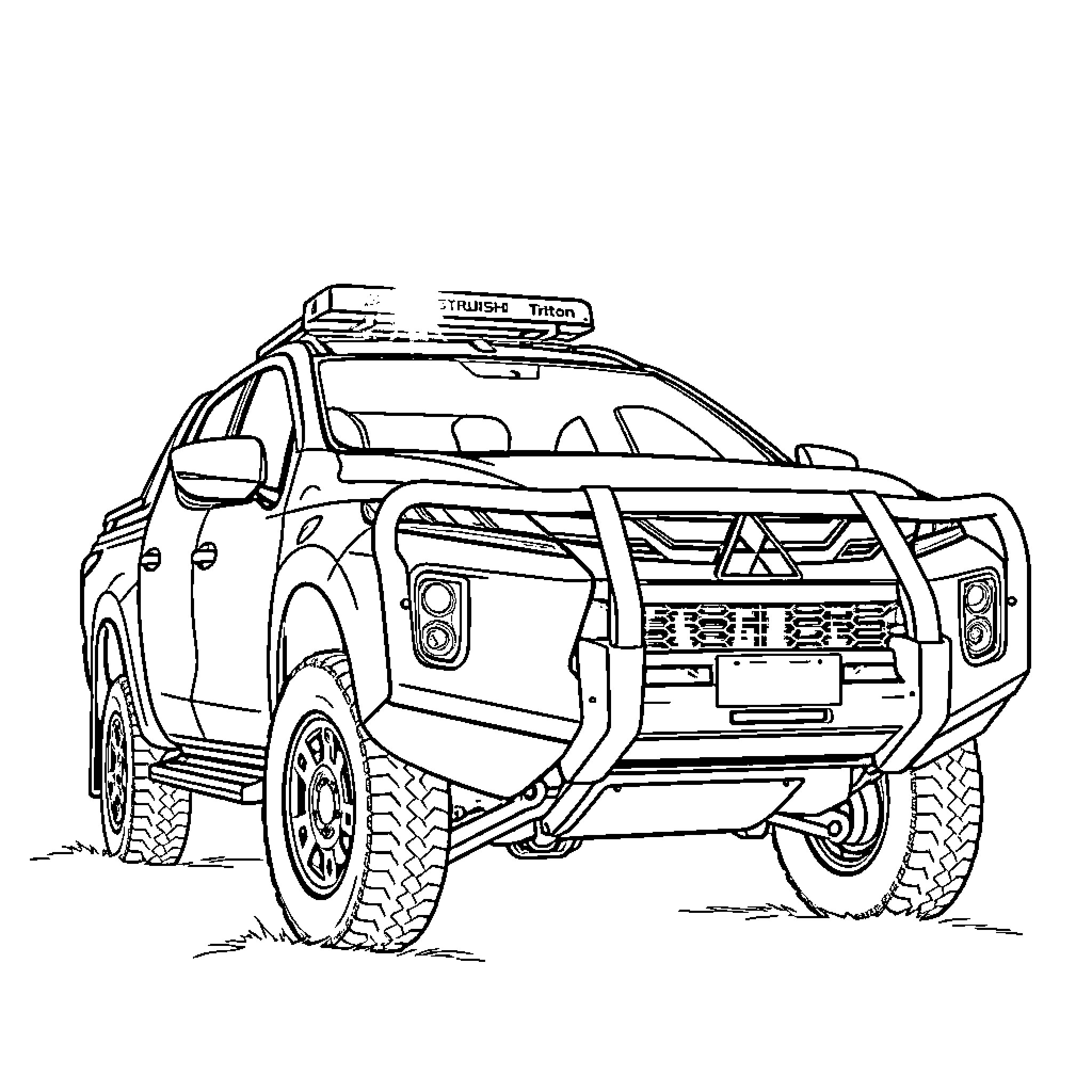 Mitsubishi Triton off-road truck in wilderness setting Coloring Page (free black-and-white line drawing printable PDF for all, from beginners to advanced learners, including children, teens, adults, and seniors)