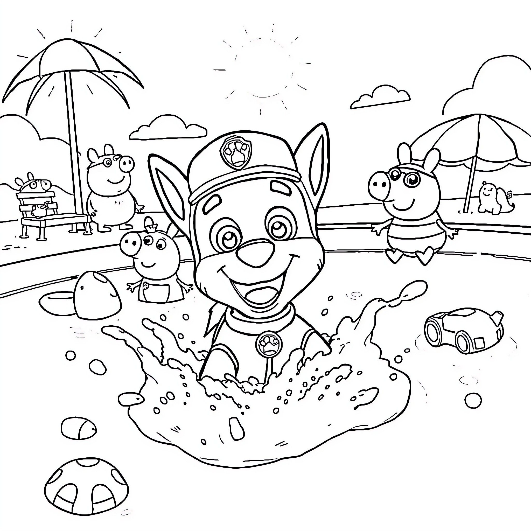 Chase the pup on a rainy day adventure Coloring Page (free black-and-white line drawing printable PDF for all, from beginners to advanced learners, including children, teens, adults, and seniors)