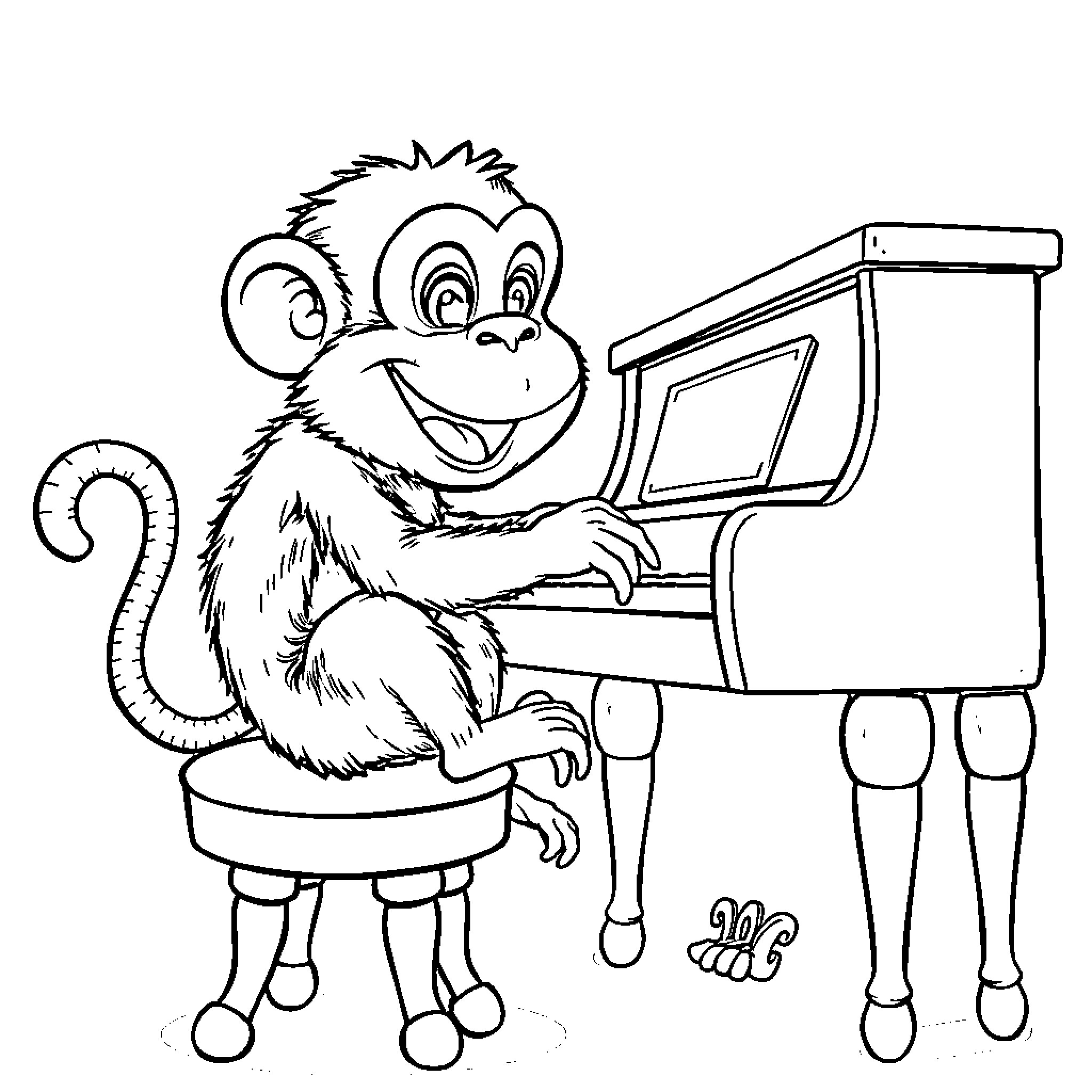 Monkey playing happily on the piano Coloring Page (free black-and-white line drawing printable PDF for all, from beginners to advanced learners, including children, teens, adults, and seniors)