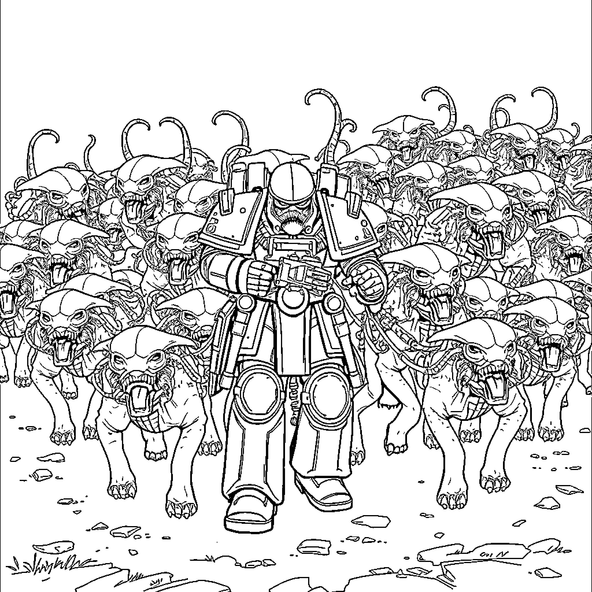 Tyranid Horde Approaches Imposing Warrior Coloring Page (free black-and-white line drawing printable PDF for all, from beginners to advanced learners, including children, teens, adults, and seniors)