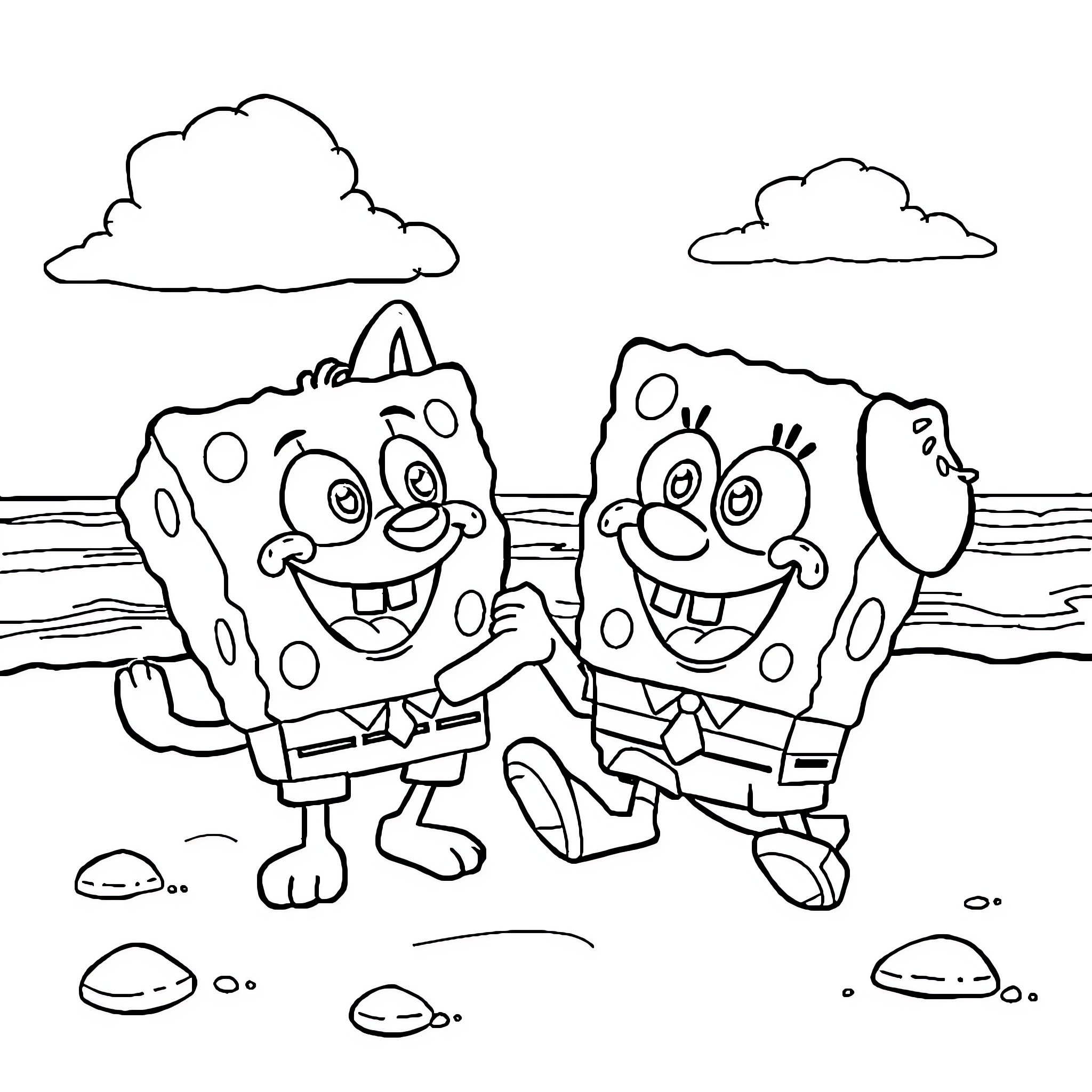 Bluey's Beachside Adventure with SpongeBob Coloring Page (free black-and-white line drawing printable PDF for all, from beginners to advanced learners, including children, teens, adults, and seniors)