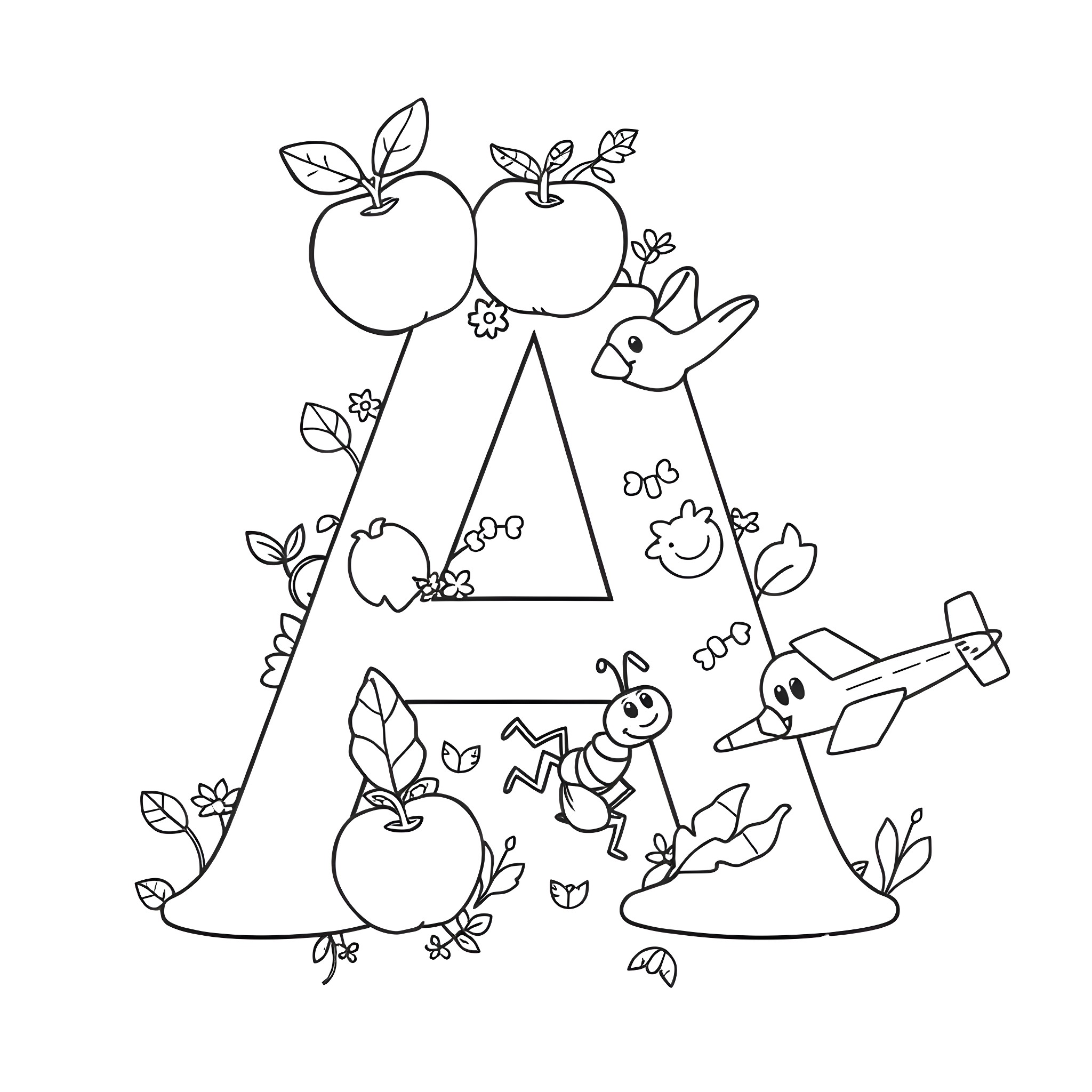 Letter A with Playful Animals and Fruits Coloring Page (free black-and-white line drawing printable PDF for all, from beginners to advanced learners, including children, teens, adults, and seniors)