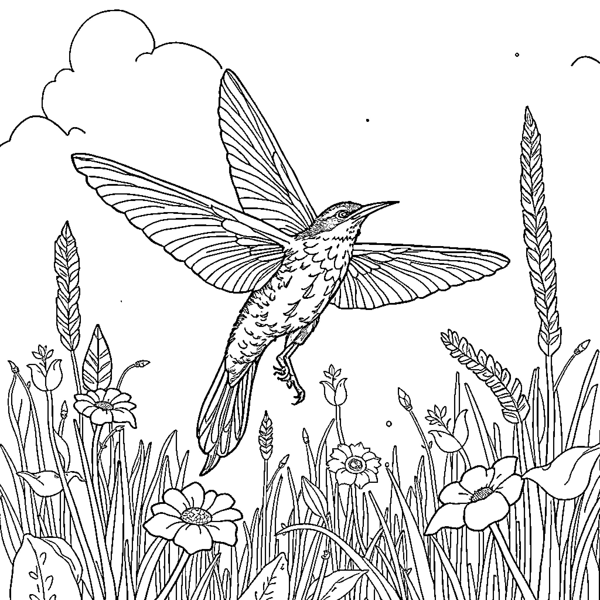 Vol: Hummingbird soaring among floral meadow Coloring Page (free black-and-white line drawing printable PDF for all, from beginners to advanced learners, including children, teens, adults, and seniors)