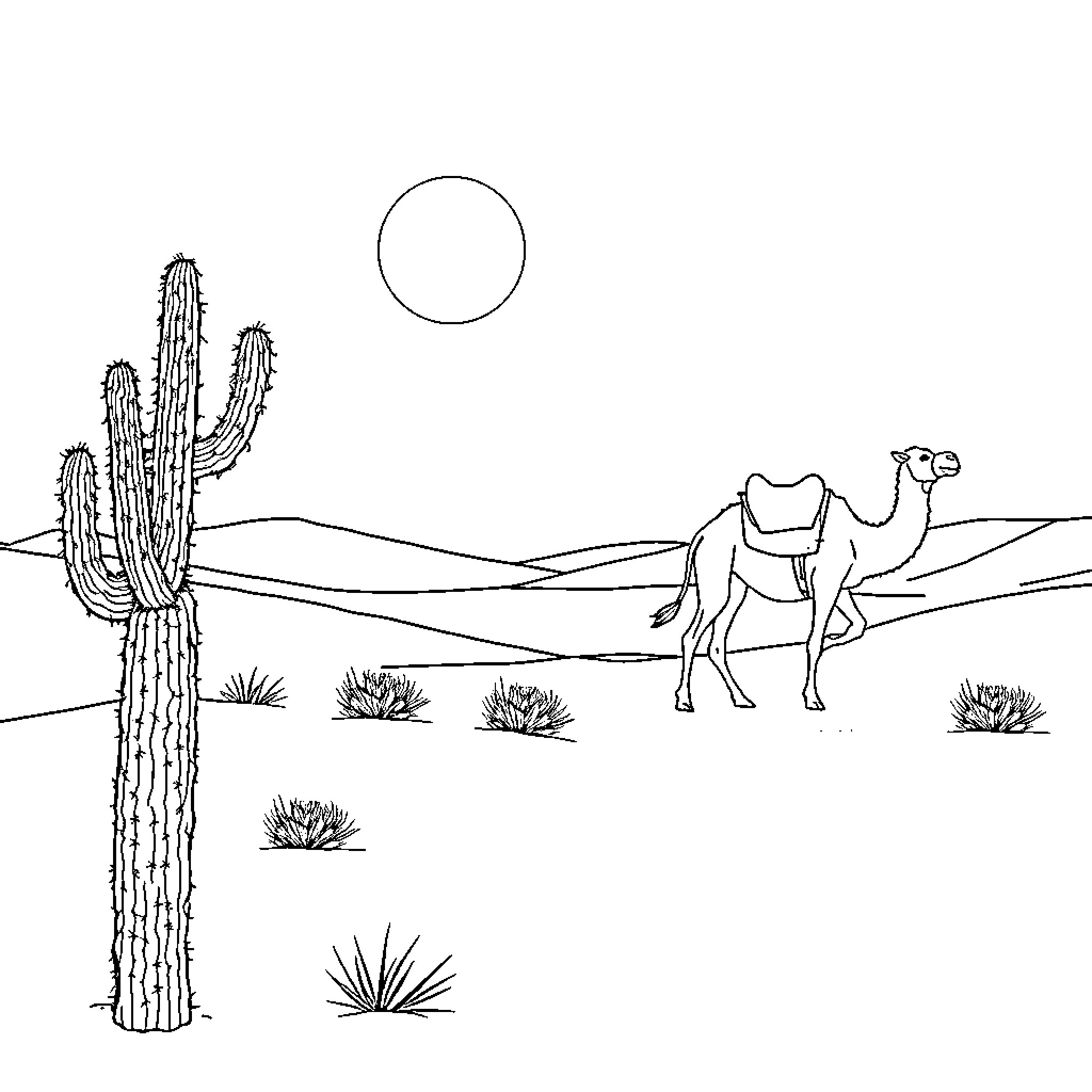 Cactus and Camel in Desert Landscape Coloring Page (free black-and-white line drawing printable PDF for all, from beginners to advanced learners, including children, teens, adults, and seniors)