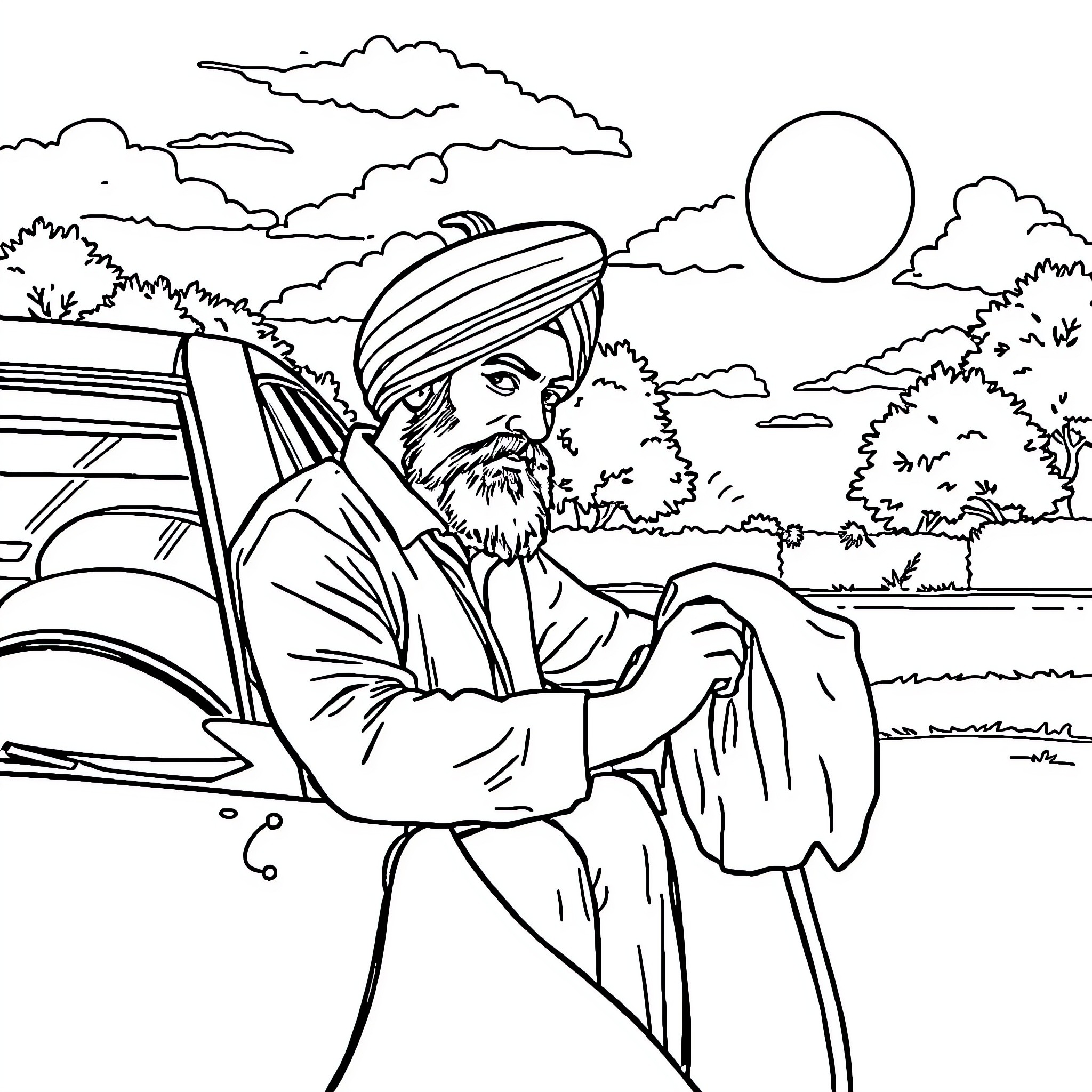 Man with beard sitting in vintage car on road Coloring Page (free black-and-white line drawing printable PDF for all, from beginners to advanced learners, including children, teens, adults, and seniors)