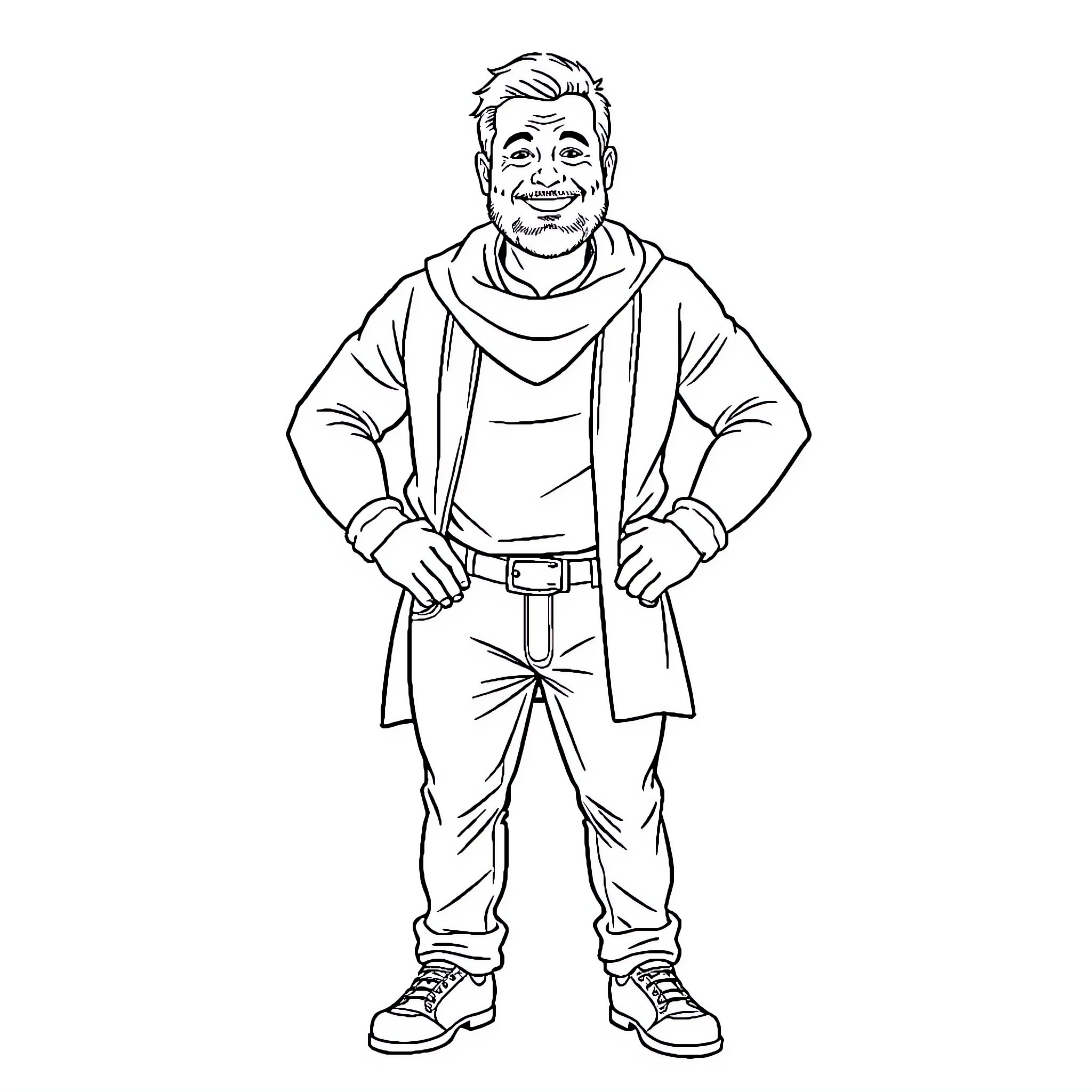 John Bowe's Cheerful Persona in Casual Attire Coloring Page (free black-and-white line drawing printable PDF for all, from beginners to advanced learners, including children, teens, adults, and seniors)