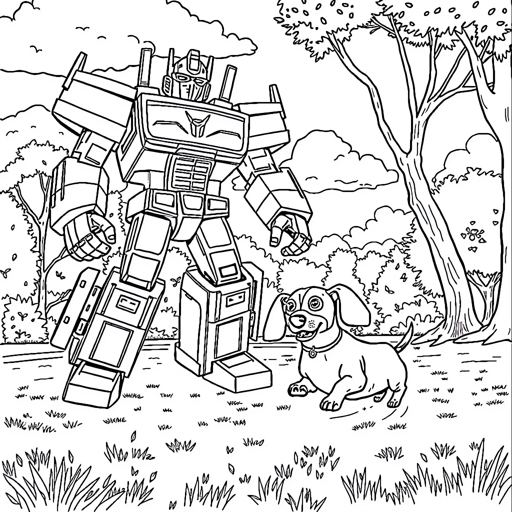 Transformer robot interacting with a playful puppy in nature Coloring Page (free black-and-white line drawing printable PDF for all, from beginners to advanced learners, including children, teens, adults, and seniors)
