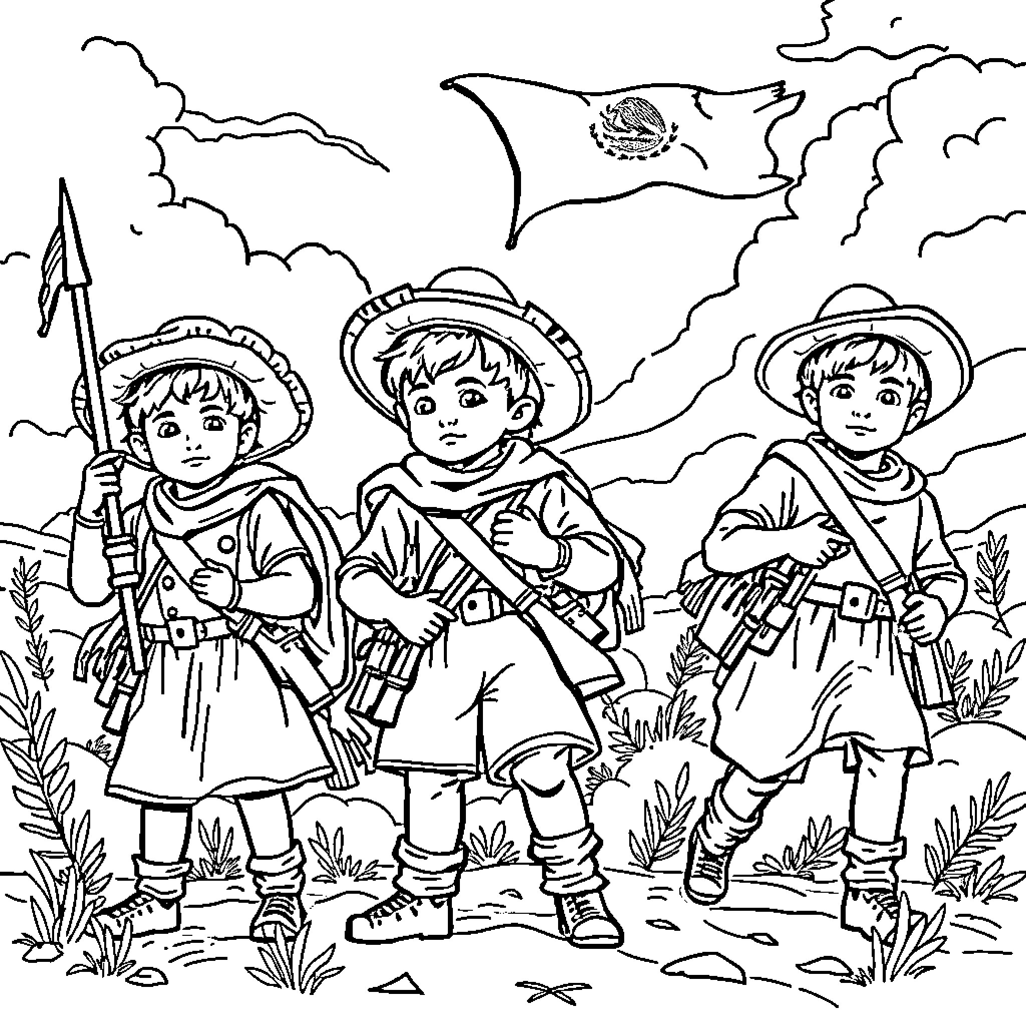 Niños explorando la naturaleza con sus trajes de aventura Coloring Page (free black-and-white line drawing printable PDF for all, from beginners to advanced learners, including children, teens, adults, and seniors)