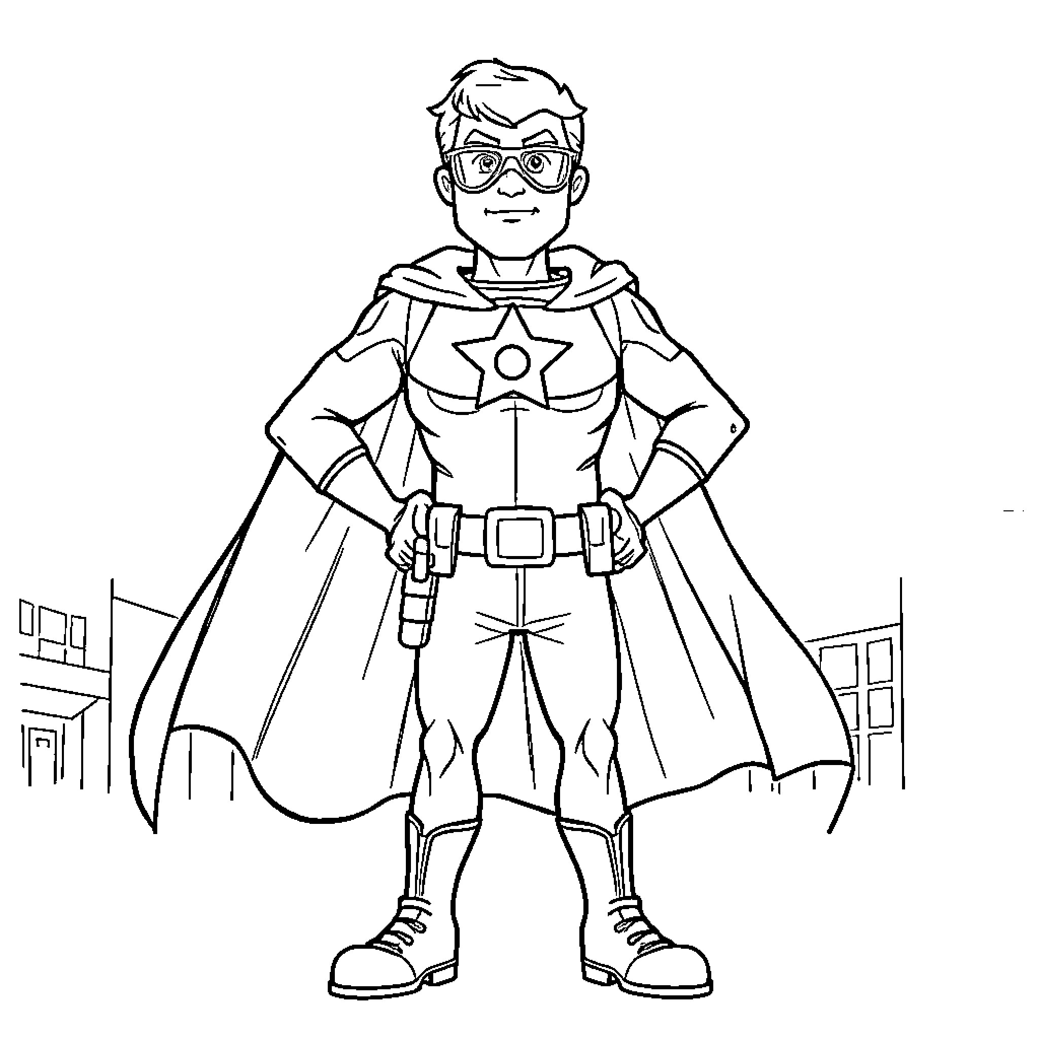 Sheriff superhero standing heroically in the city Coloring Page (free black-and-white line drawing printable PDF for all, from beginners to advanced learners, including children, teens, adults, and seniors)