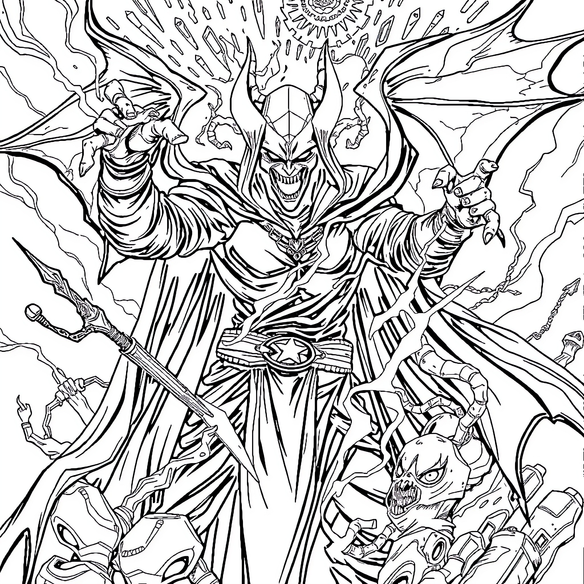 Evil Skill: Demonic Warrior's Malevolent Onslaught Coloring Page (free black-and-white line drawing printable PDF for all, from beginners to advanced learners, including children, teens, adults, and seniors)