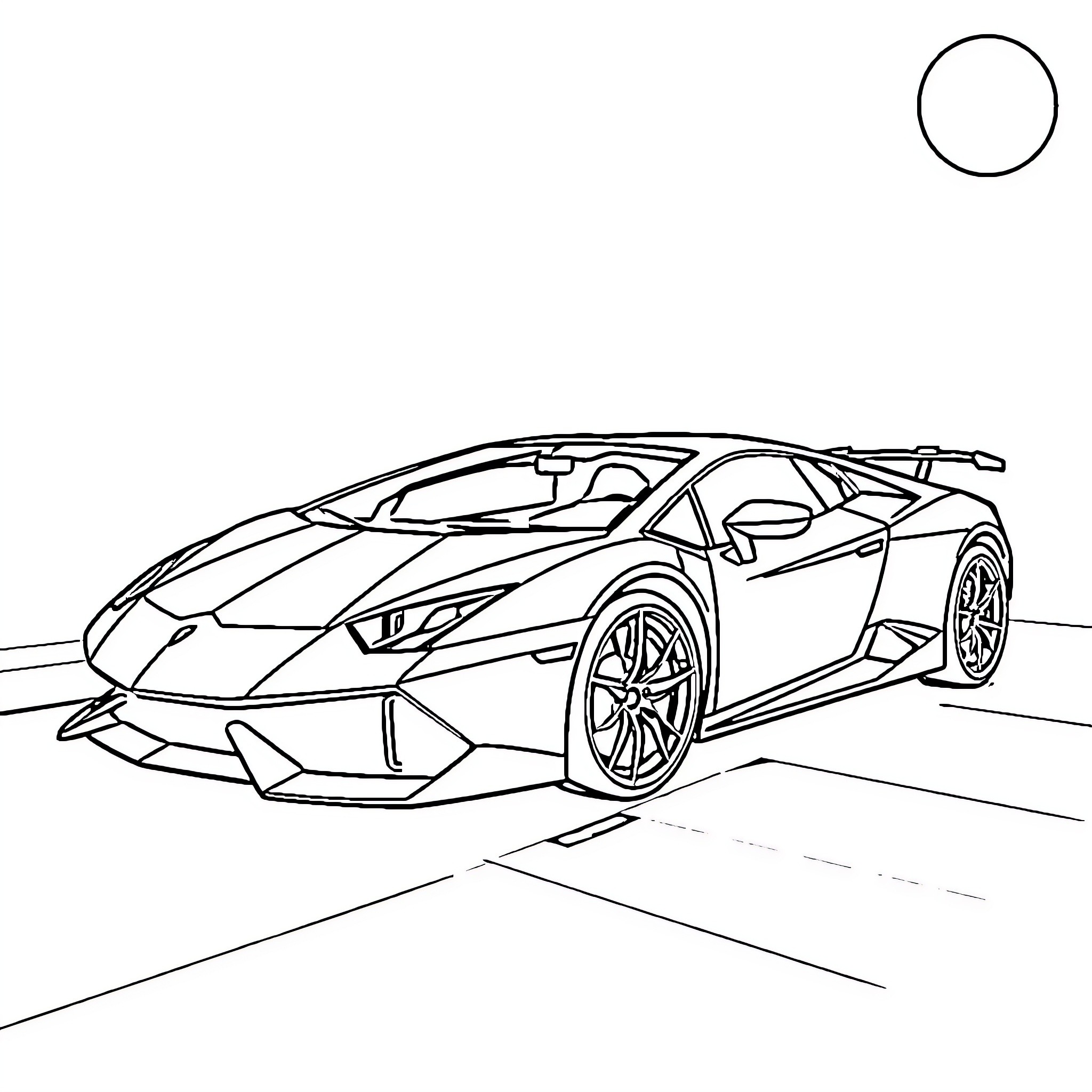 Lamborghini sports car in motion on the road Coloring Page (free black-and-white line drawing printable PDF for all, from beginners to advanced learners, including children, teens, adults, and seniors)