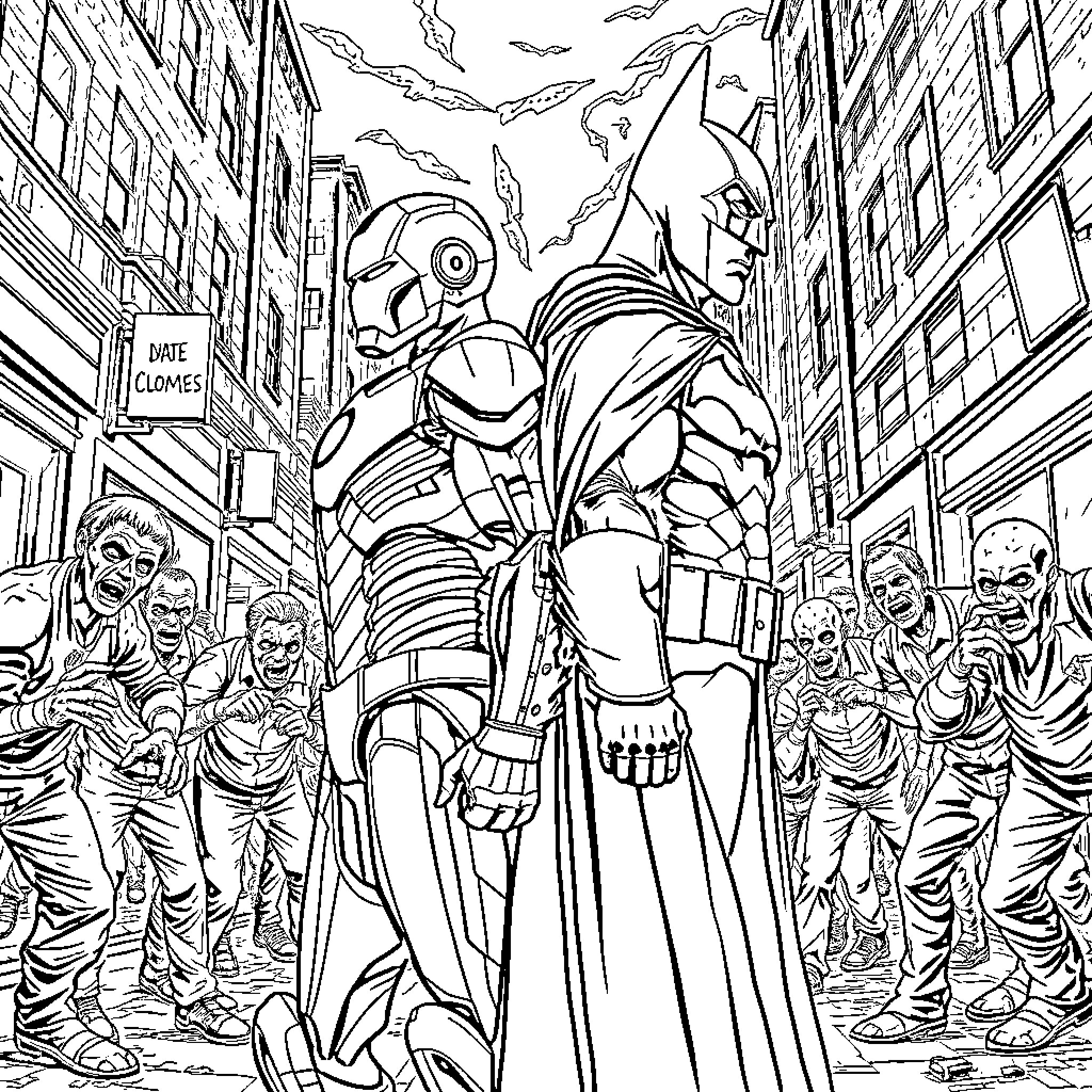 Ironman leads the charge against villains in the city Coloring Page (free black-and-white line drawing printable PDF for all, from beginners to advanced learners, including children, teens, adults, and seniors)