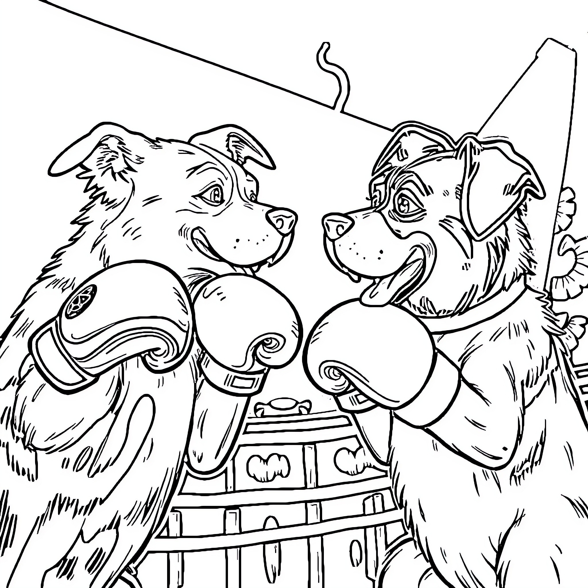 Dog playing with other dog in a playful manner Coloring Page (free black-and-white line drawing printable PDF for all, from beginners to advanced learners, including children, teens, adults, and seniors)