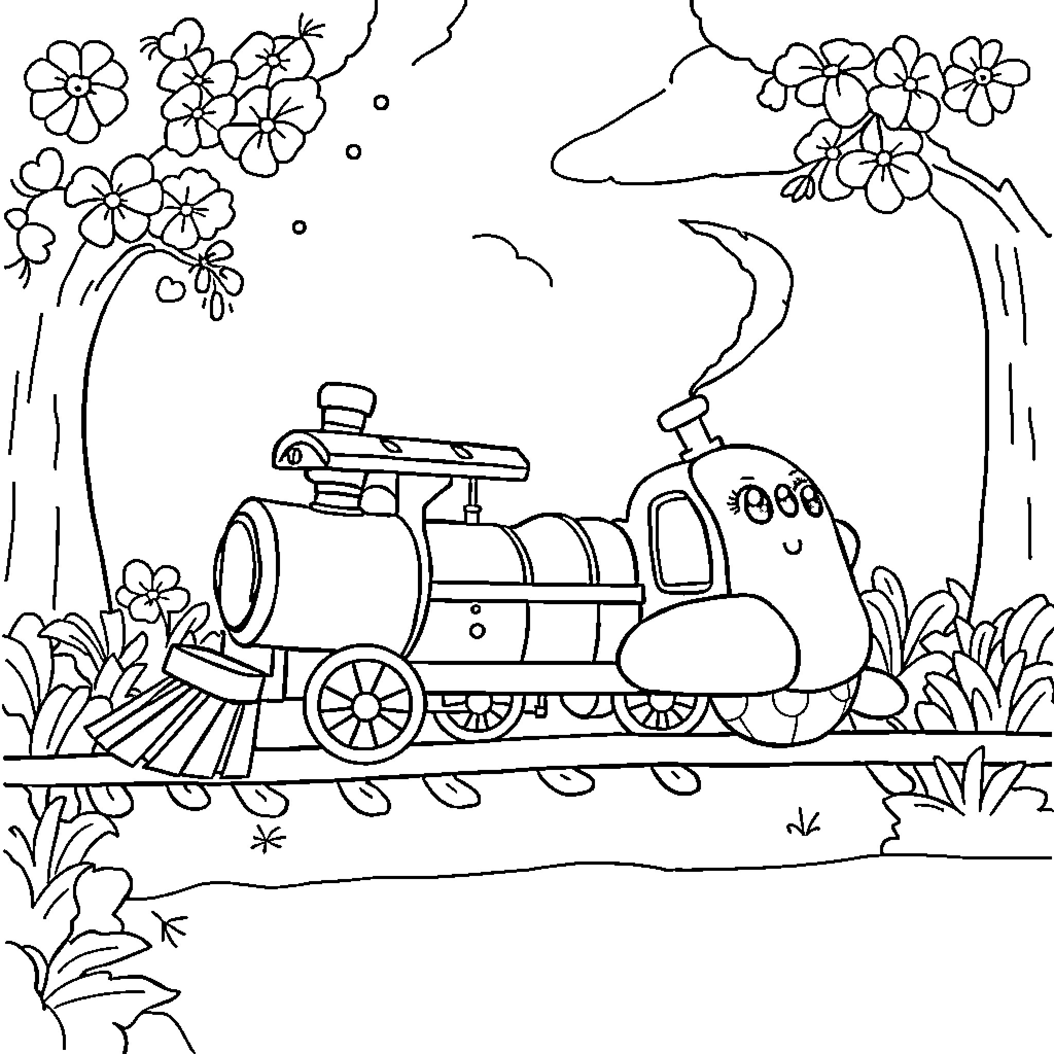 Train traveling through floral landscape Coloring Page (free black-and-white line drawing printable PDF for all, from beginners to advanced learners, including children, teens, adults, and seniors)