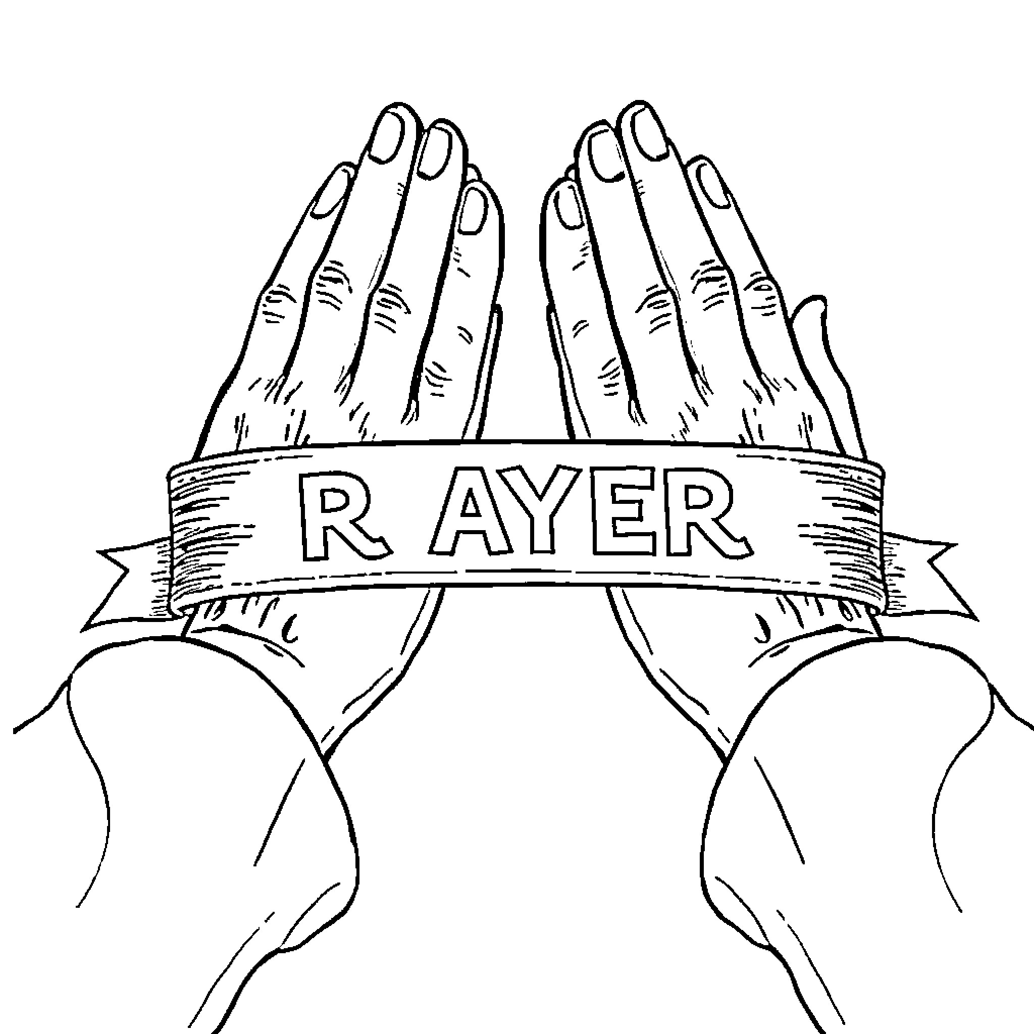 Hands reaching upwards with 'Prayer' banner Coloring Page (free black-and-white line drawing printable PDF for all, from beginners to advanced learners, including children, teens, adults, and seniors)