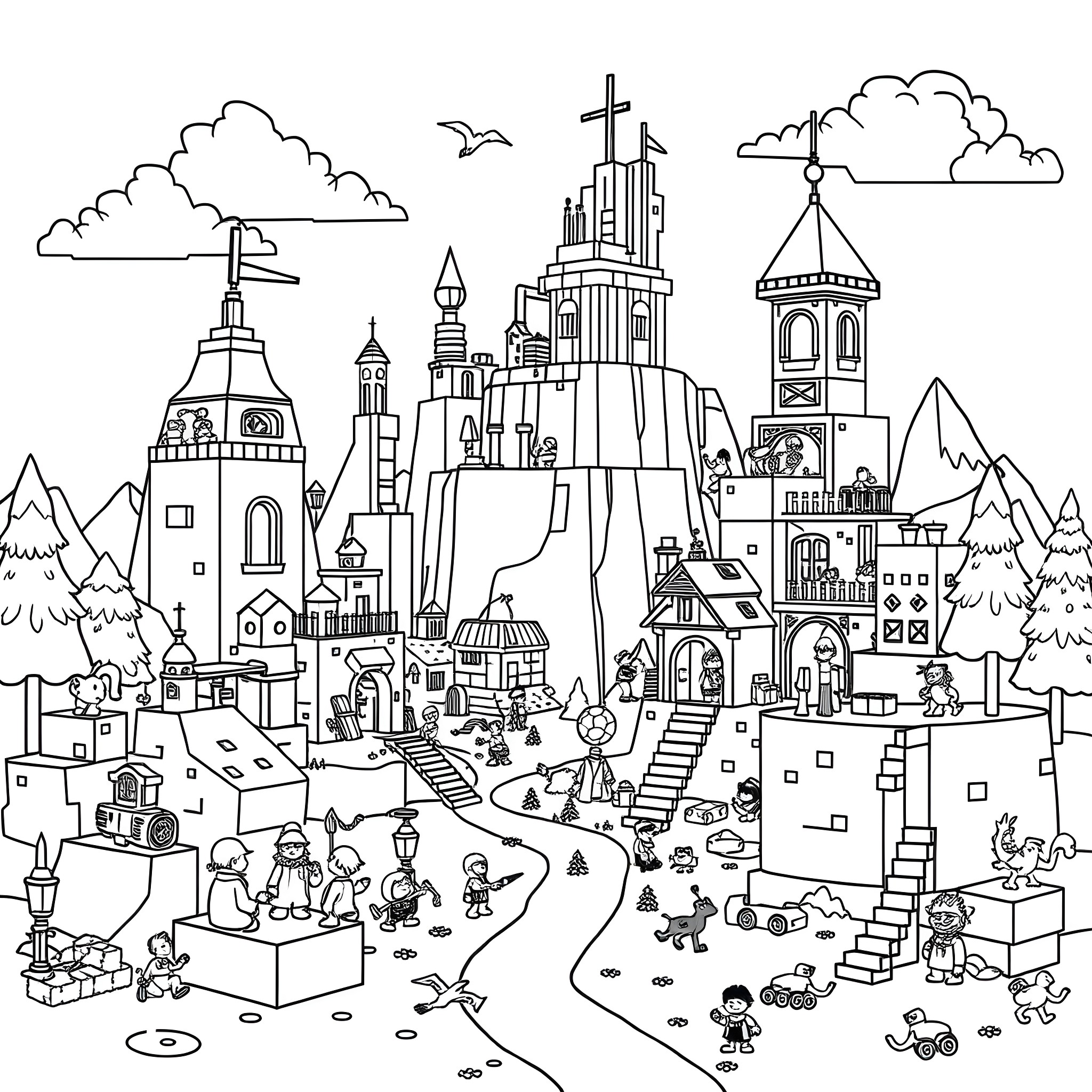 Roblox characters exploring a fantastical castle town Coloring Page (free black-and-white line drawing printable PDF for all, from beginners to advanced learners, including children, teens, adults, and seniors)