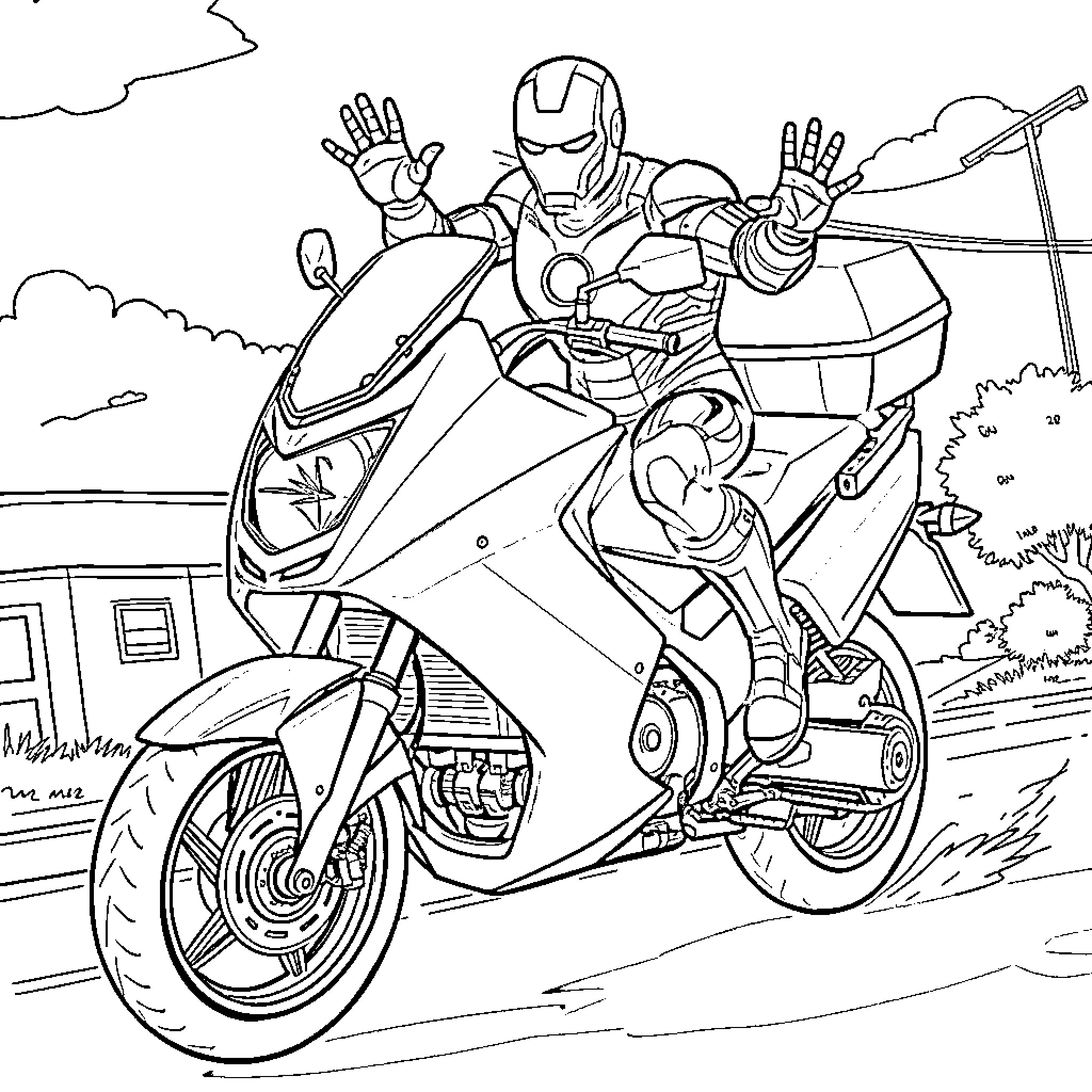 Iron Man Riding a High-Speed Motorcycle Coloring Page (free black-and-white line drawing printable PDF for all, from beginners to advanced learners, including children, teens, adults, and seniors)