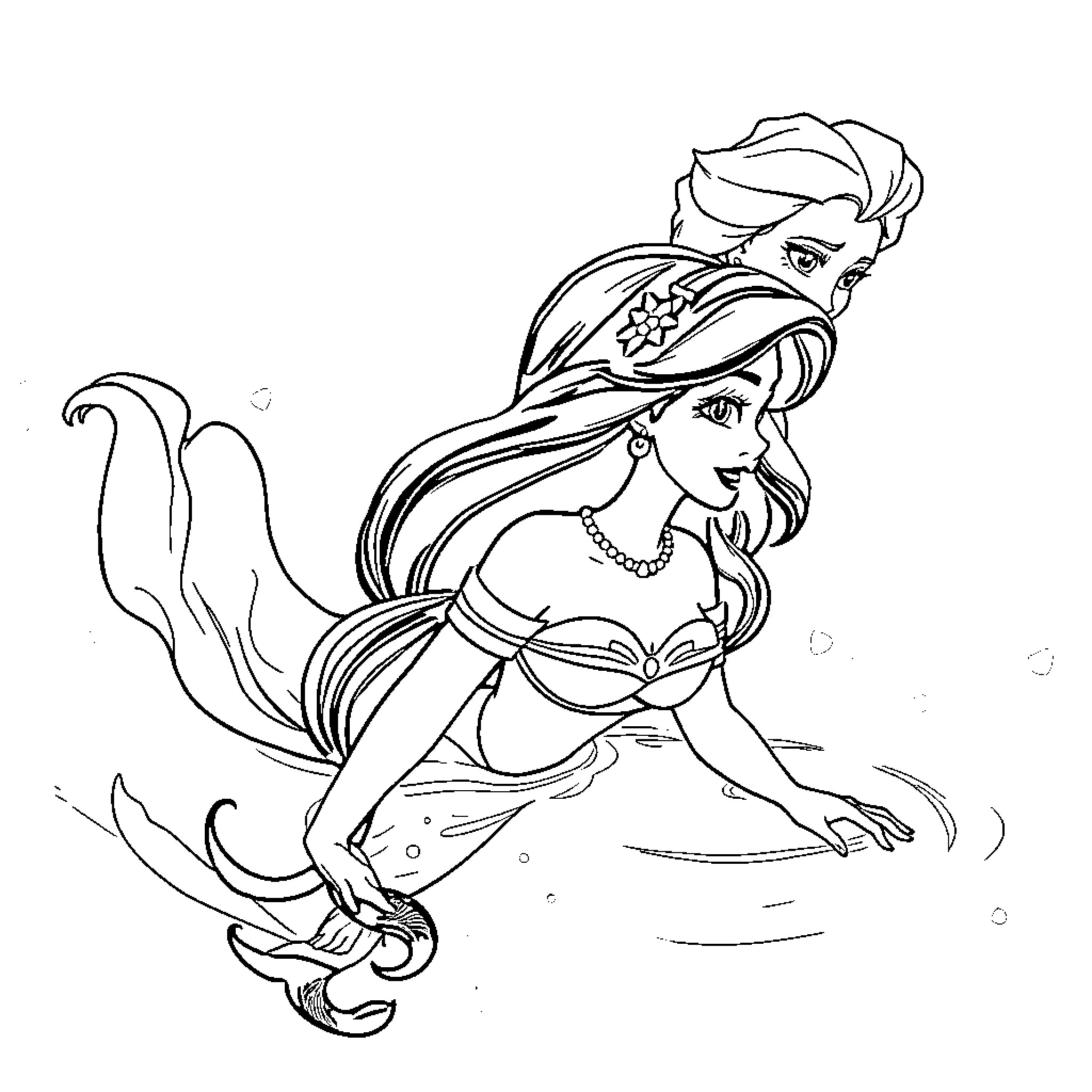 Princess Mermaid Swimming Gracefully in the Ocean Coloring Page (free black-and-white line drawing printable PDF for all, from beginners to advanced learners, including children, teens, adults, and seniors)