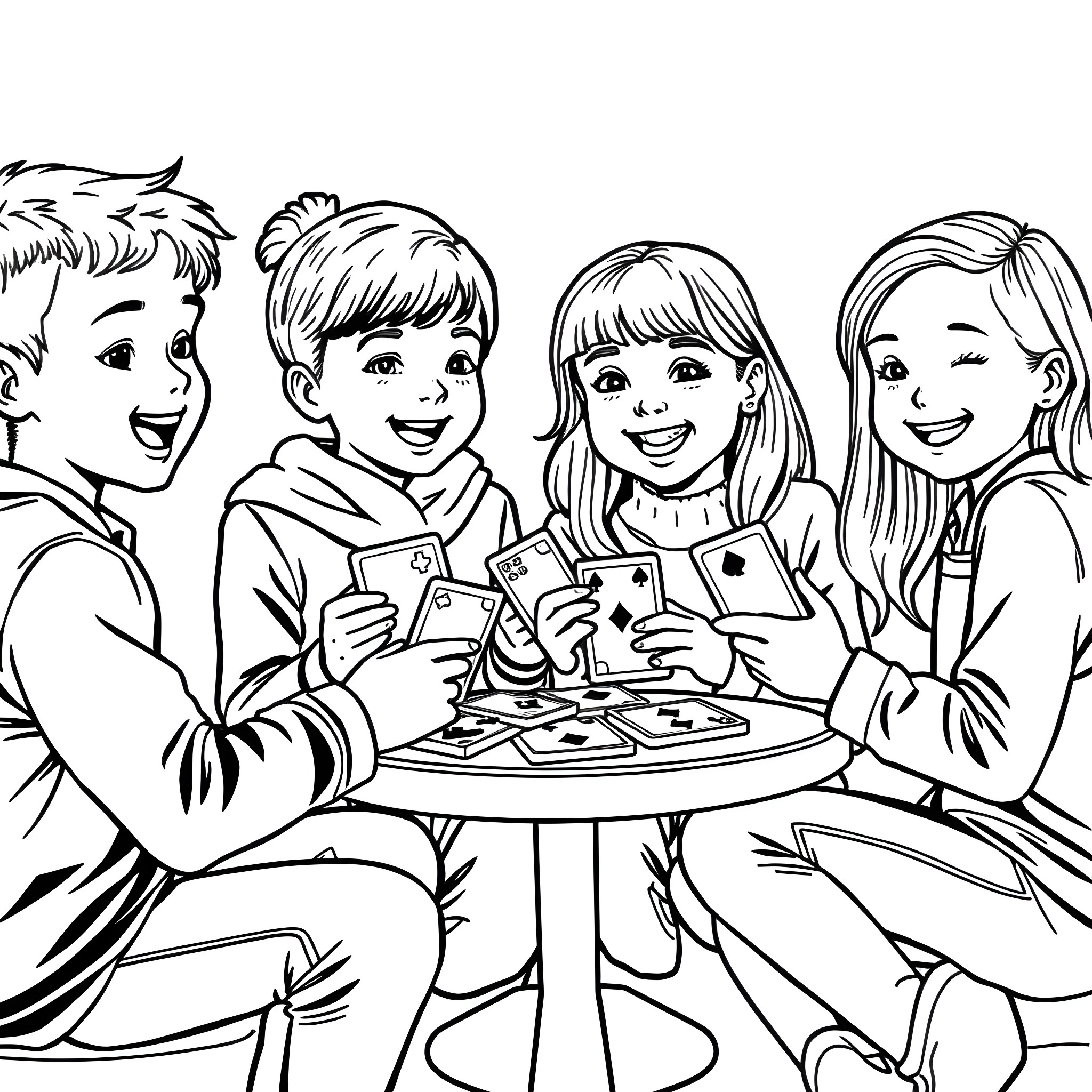 Show Choir Friends Enjoying Group Activity Coloring Page (free black-and-white line drawing printable PDF for all, from beginners to advanced learners, including children, teens, adults, and seniors)