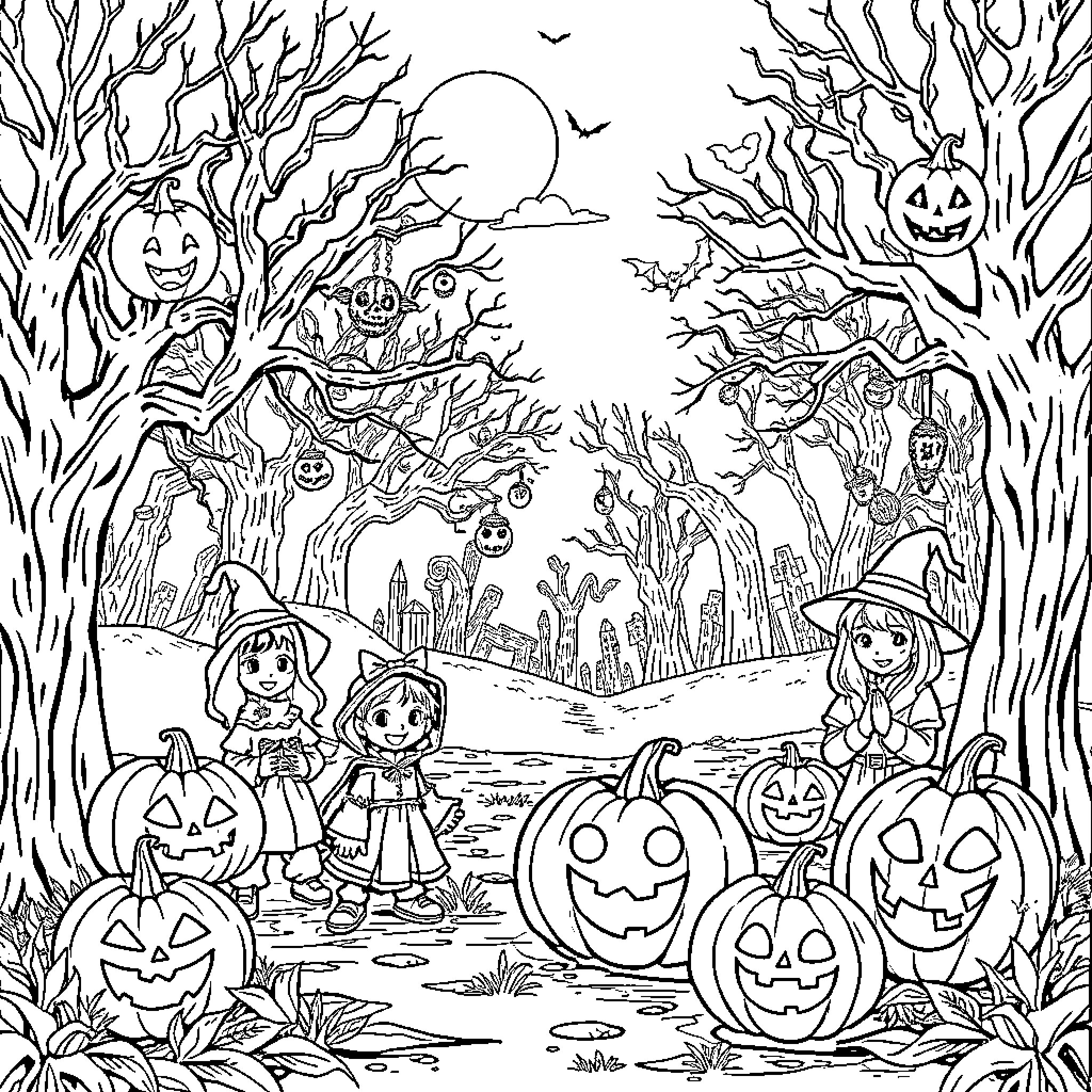 Halloween Festivities in the Haunted Forest Coloring Page (free black-and-white line drawing printable PDF for all, from beginners to advanced learners, including children, teens, adults, and seniors)