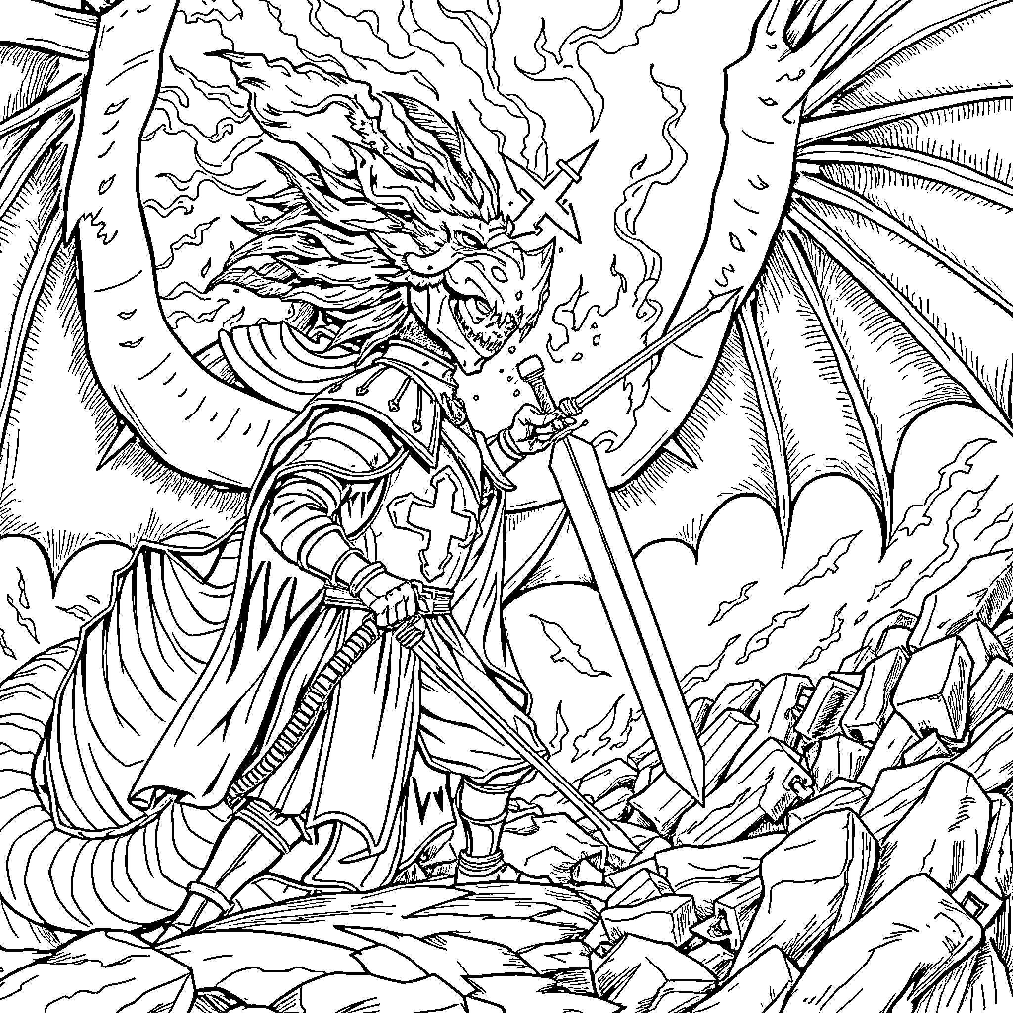 Templar Knight Battles Fearsome Dragon in Fiery Clash Coloring Page (free black-and-white line drawing printable PDF for all, from beginners to advanced learners, including children, teens, adults, and seniors)