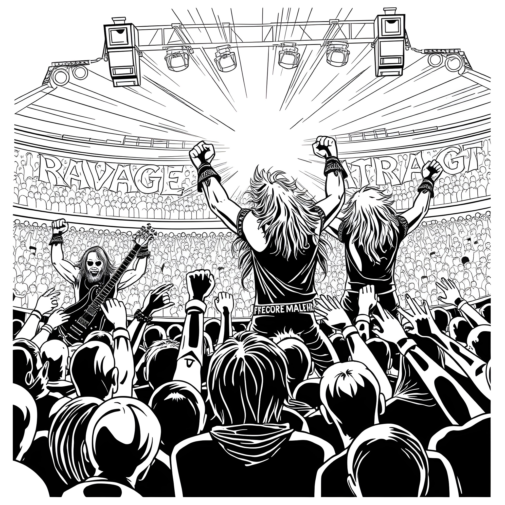 Band members performing energetically on stage for the audience Coloring Page (free black-and-white line drawing printable PDF for all, from beginners to advanced learners, including children, teens, adults, and seniors)