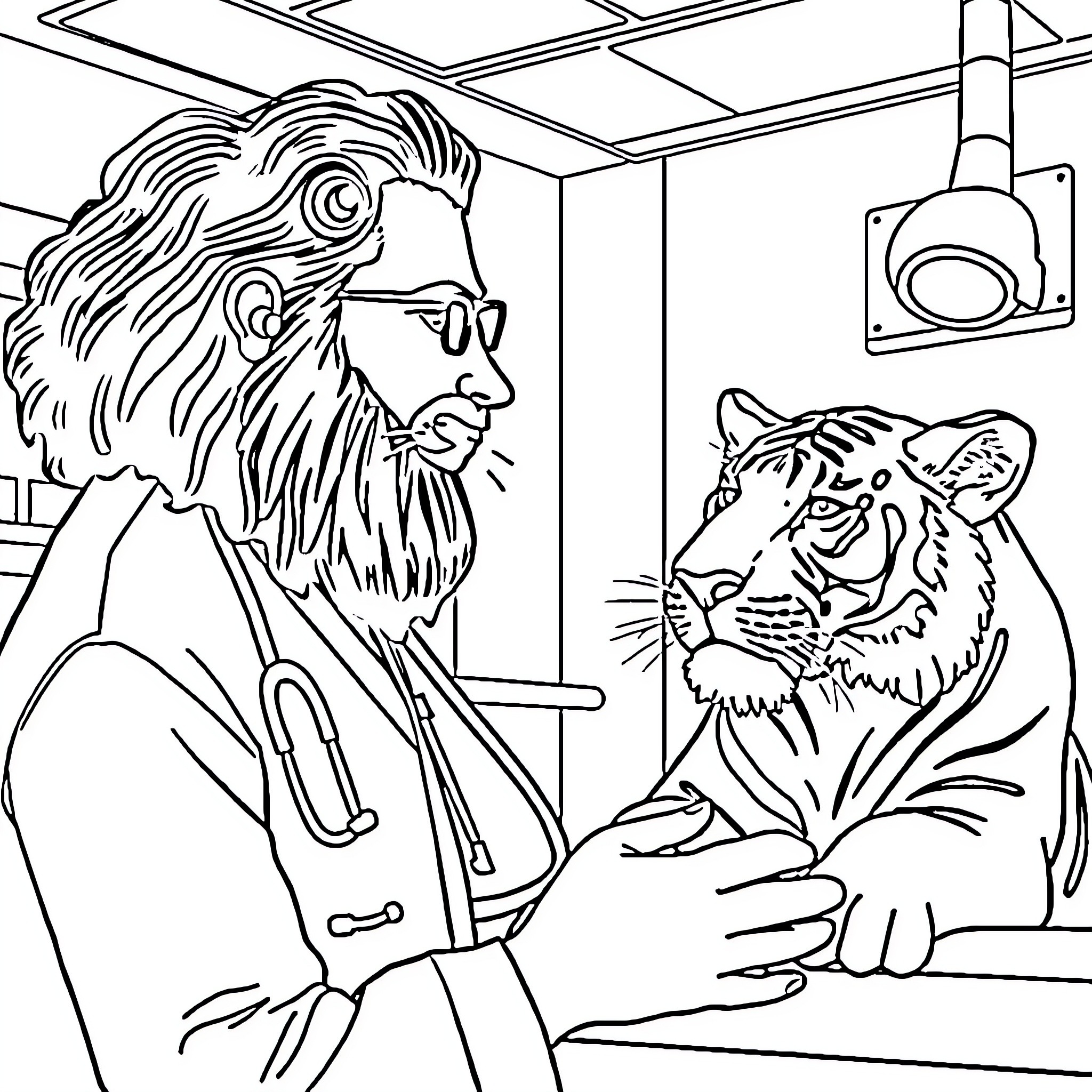 Veterinarian examining a tiger in the clinic Coloring Page (free black-and-white line drawing printable PDF for all, from beginners to advanced learners, including children, teens, adults, and seniors)