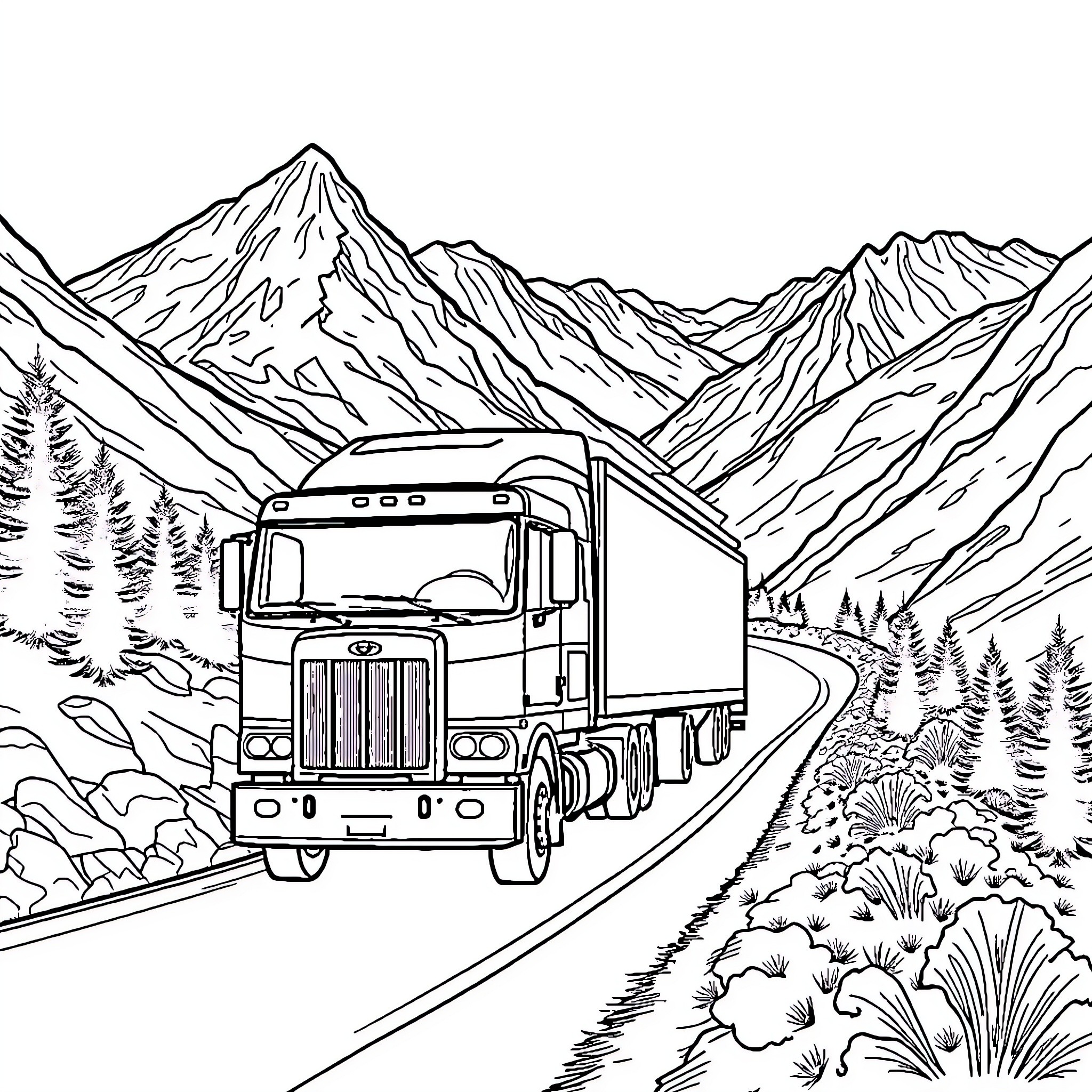 Truck transporting cargo through majestic mountain landscape Coloring Page (free black-and-white line drawing printable PDF for all, from beginners to advanced learners, including children, teens, adults, and seniors)