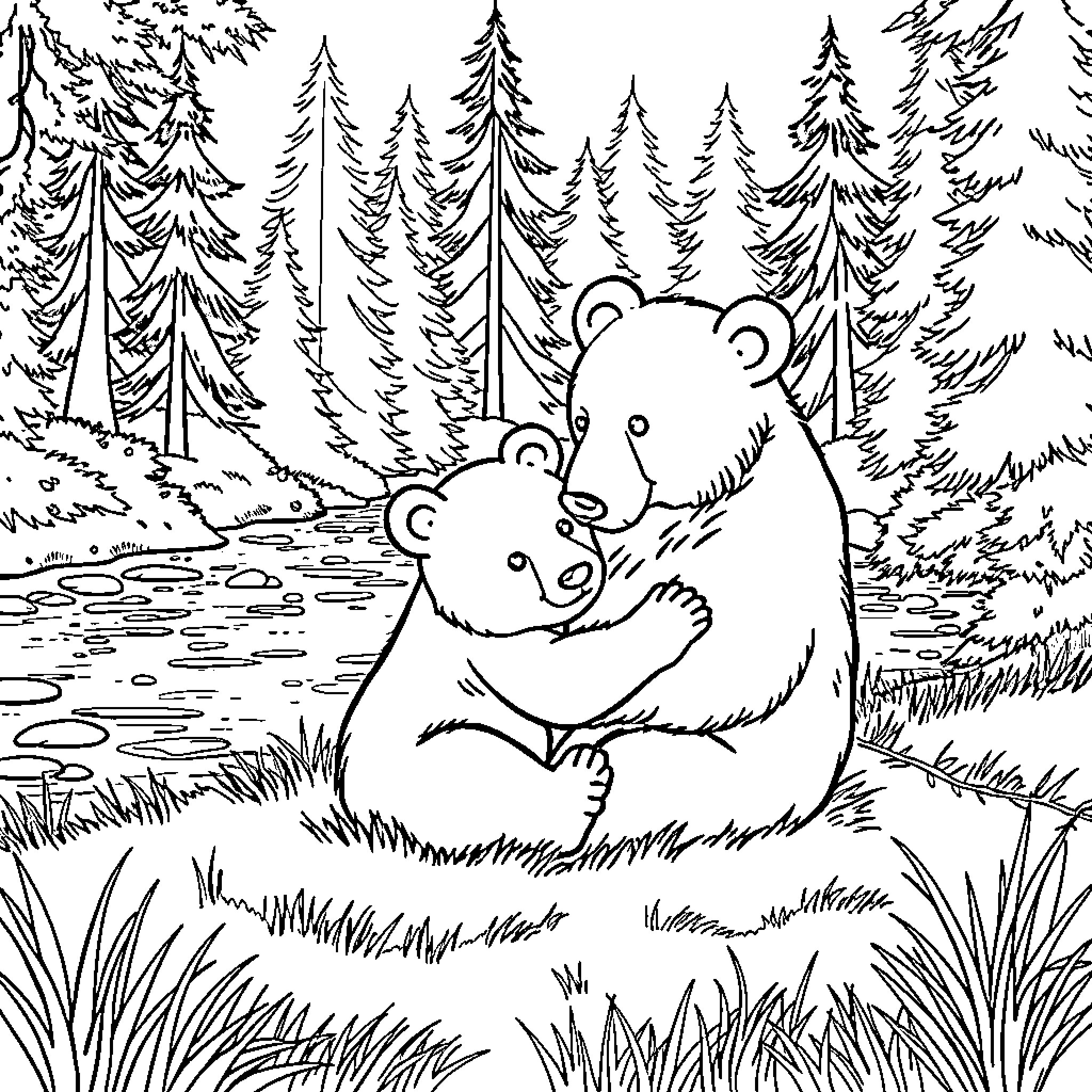 Bear couple cuddling in the snowy forest Coloring Page (free black-and-white line drawing printable PDF for all, from beginners to advanced learners, including children, teens, adults, and seniors)