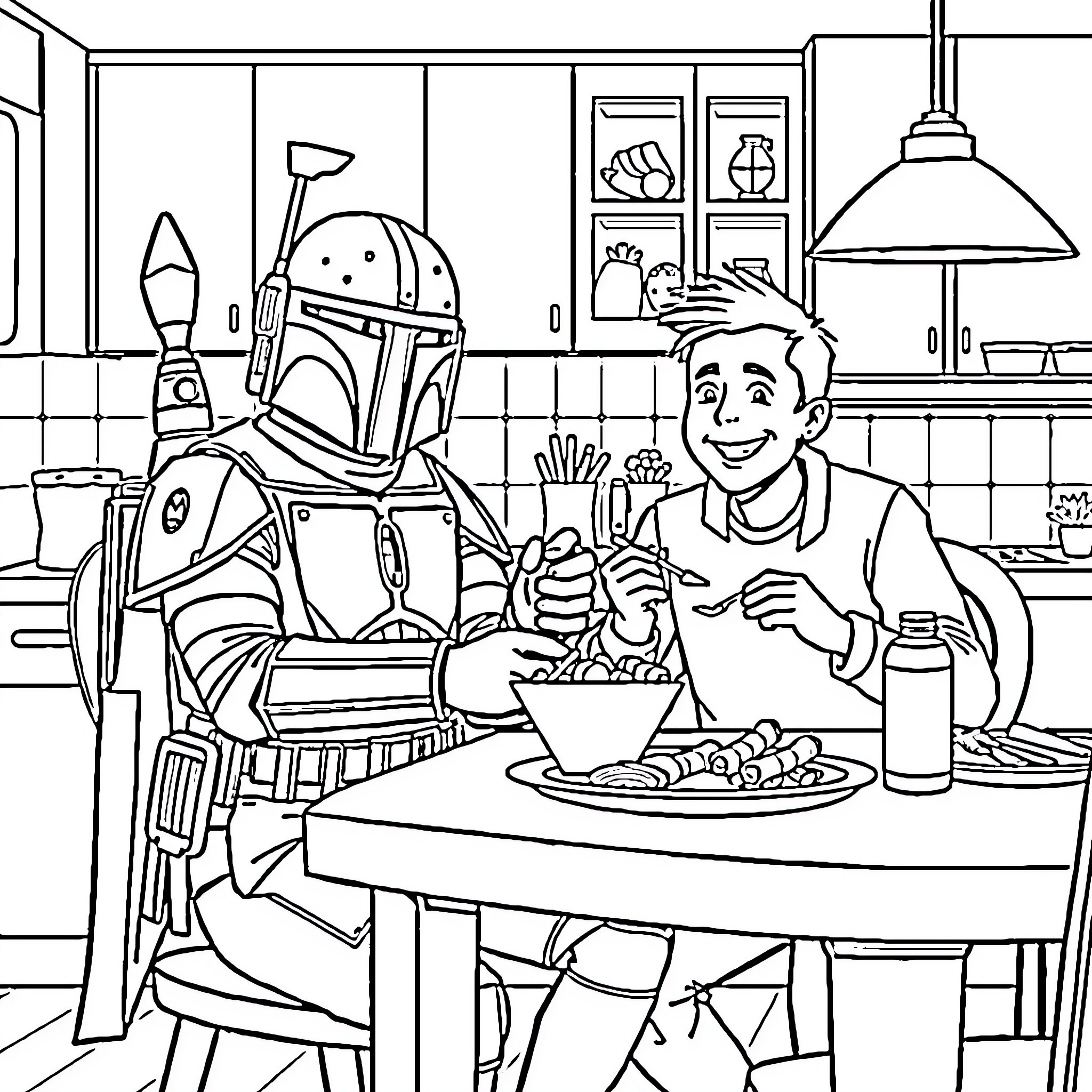 Boba Fett enjoying a meal with a young boy Coloring Page (free black-and-white line drawing printable PDF for all, from beginners to advanced learners, including children, teens, adults, and seniors)