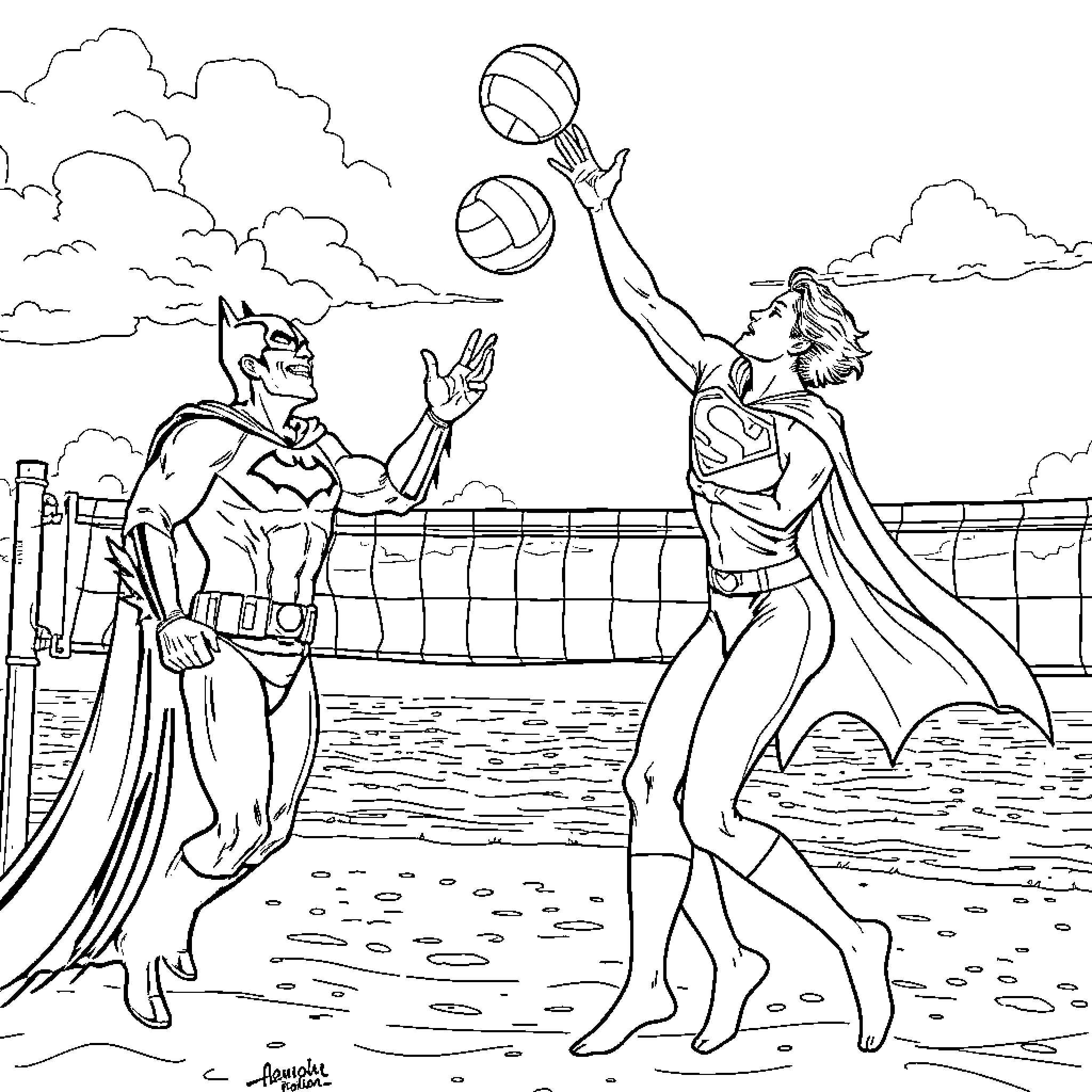Batman Playing Volleyball with Superhero Friend Coloring Page (free black-and-white line drawing printable PDF for all, from beginners to advanced learners, including children, teens, adults, and seniors)