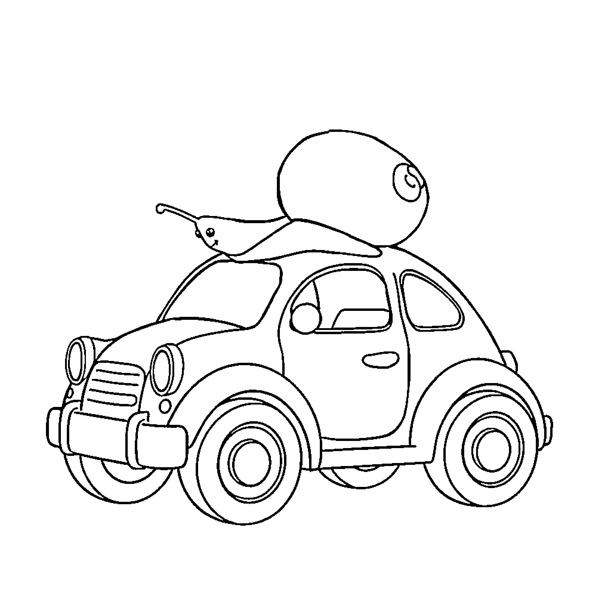 Snail riding a vintage car Coloring Page (free black-and-white line drawing printable PDF for all, from beginners to advanced learners, including children, teens, adults, and seniors)