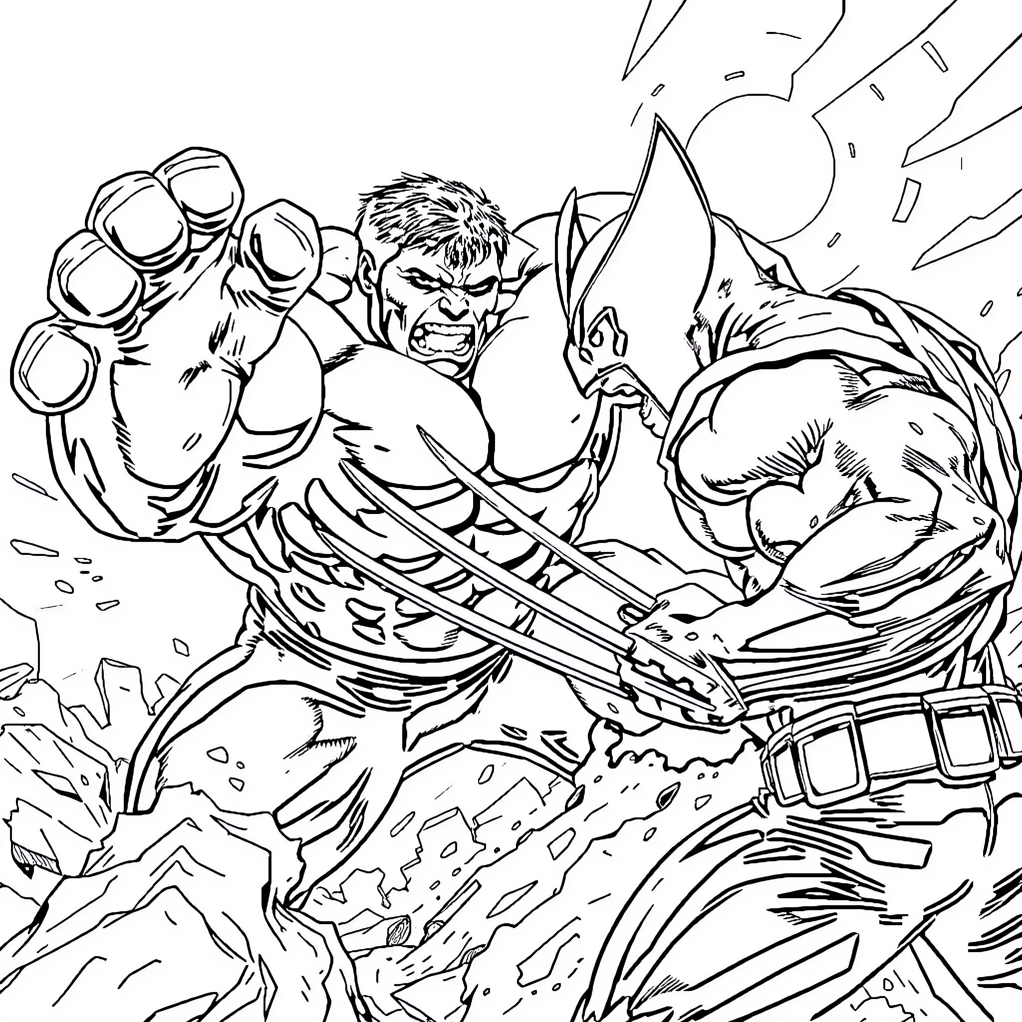 Hulk Battling with Formidable Foe Coloring Page (free black-and-white line drawing printable PDF for all, from beginners to advanced learners, including children, teens, adults, and seniors)