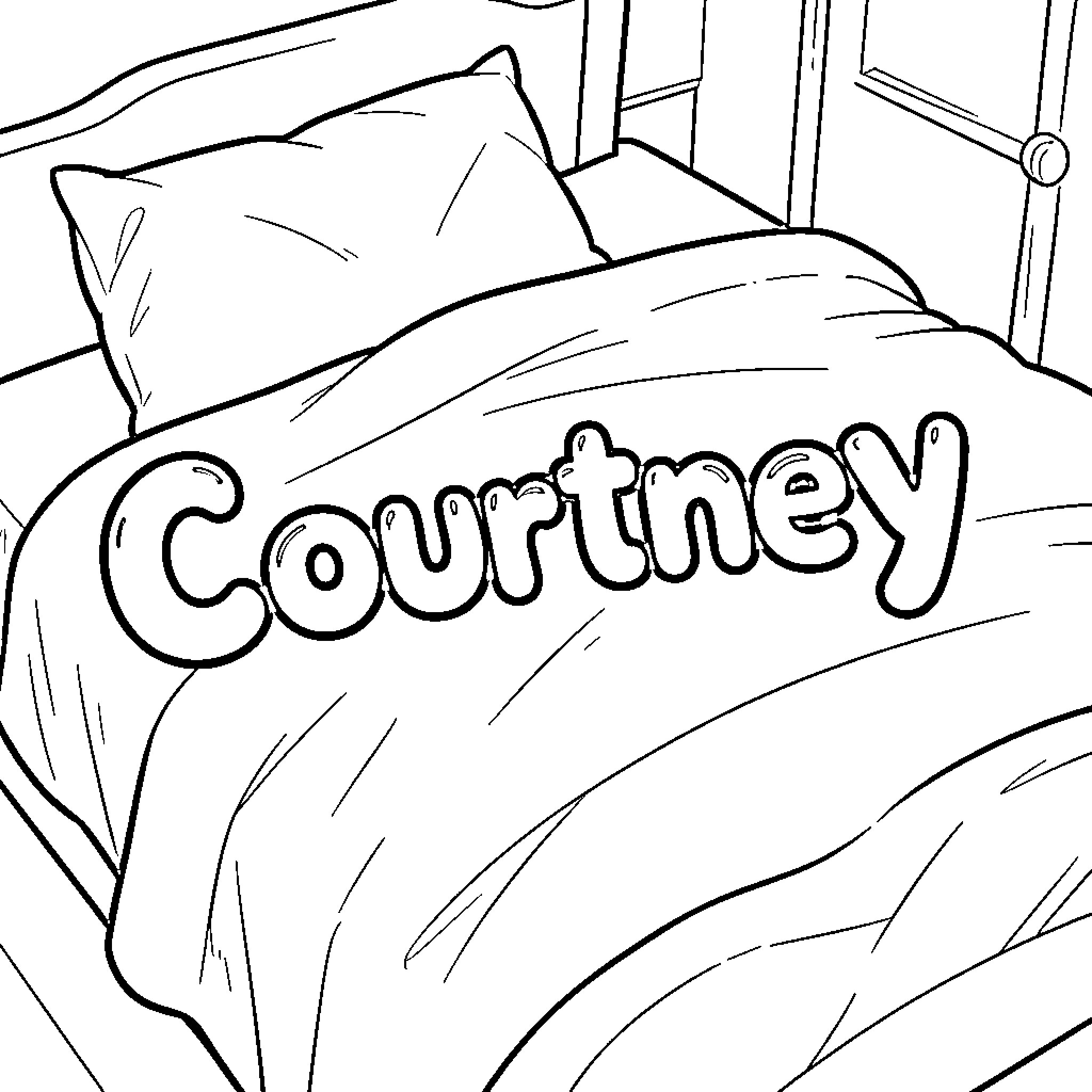 Courtney resting peacefully in a cozy bedroom Coloring Page (free black-and-white line drawing printable PDF for all, from beginners to advanced learners, including children, teens, adults, and seniors)