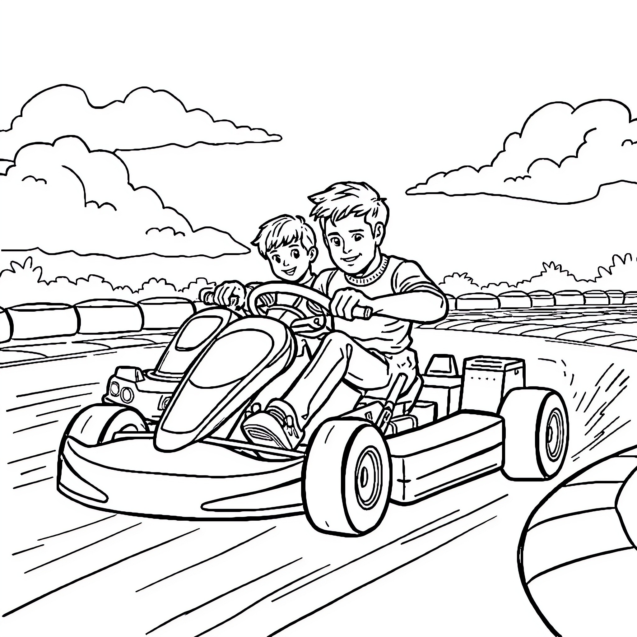 Go Kart Friends Racing on Outdoor Track Coloring Page (free black-and-white line drawing printable PDF for all, from beginners to advanced learners, including children, teens, adults, and seniors)