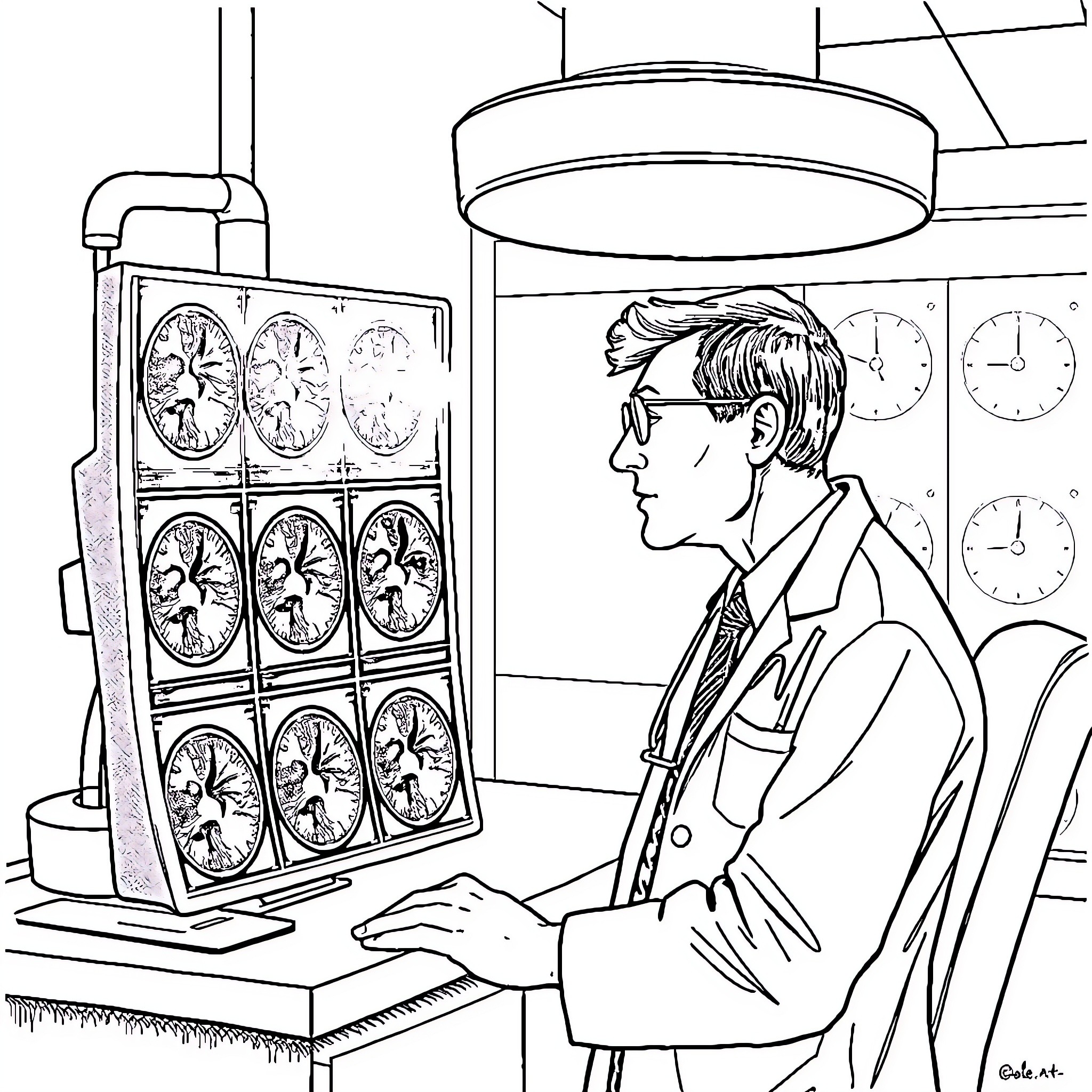 Oncologist reviewing medical scans in office Coloring Page (free black-and-white line drawing printable PDF for all, from beginners to advanced learners, including children, teens, adults, and seniors)