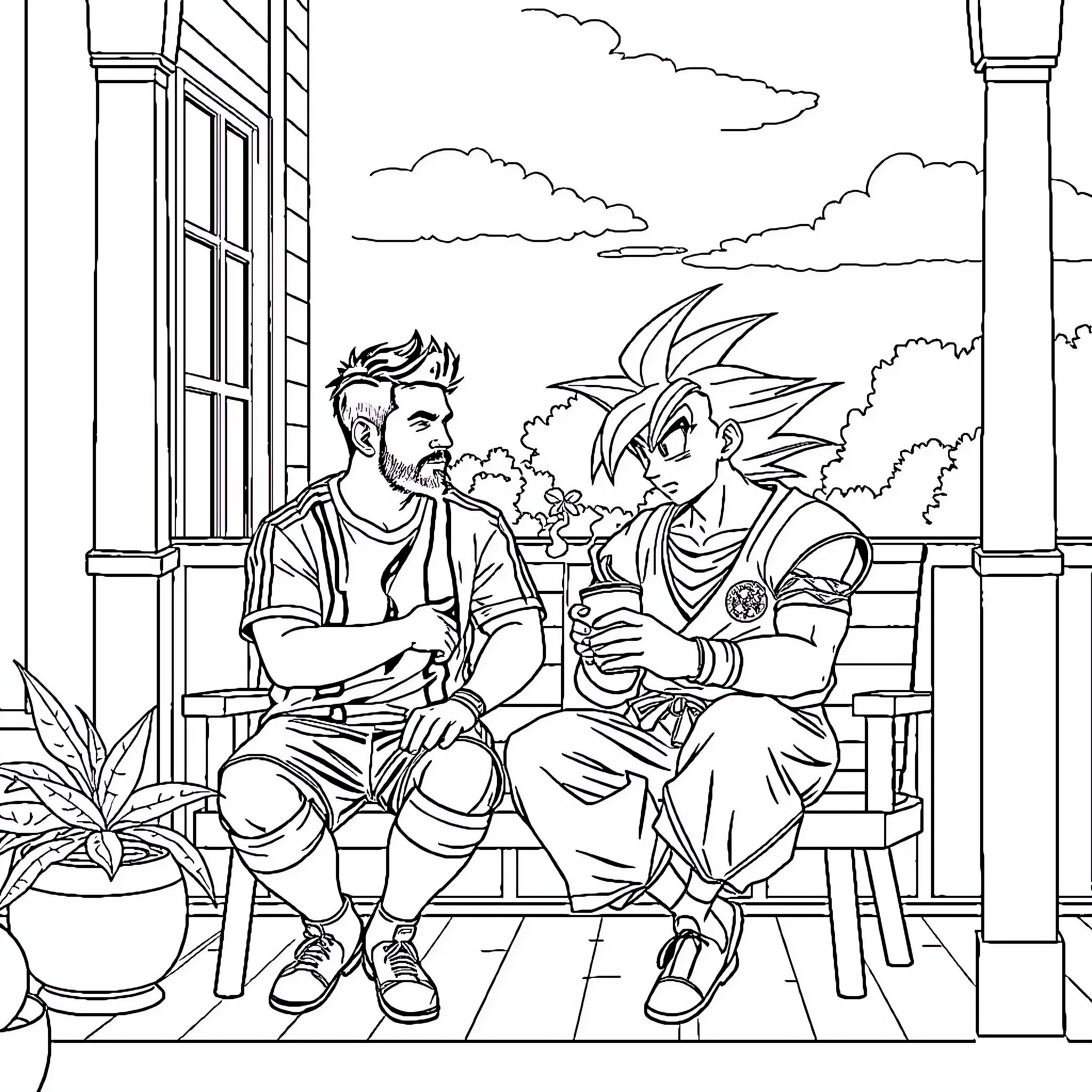 Messi and Goku Relaxing on the Porch Coloring Page (free black-and-white line drawing printable PDF for all, from beginners to advanced learners, including children, teens, adults, and seniors)