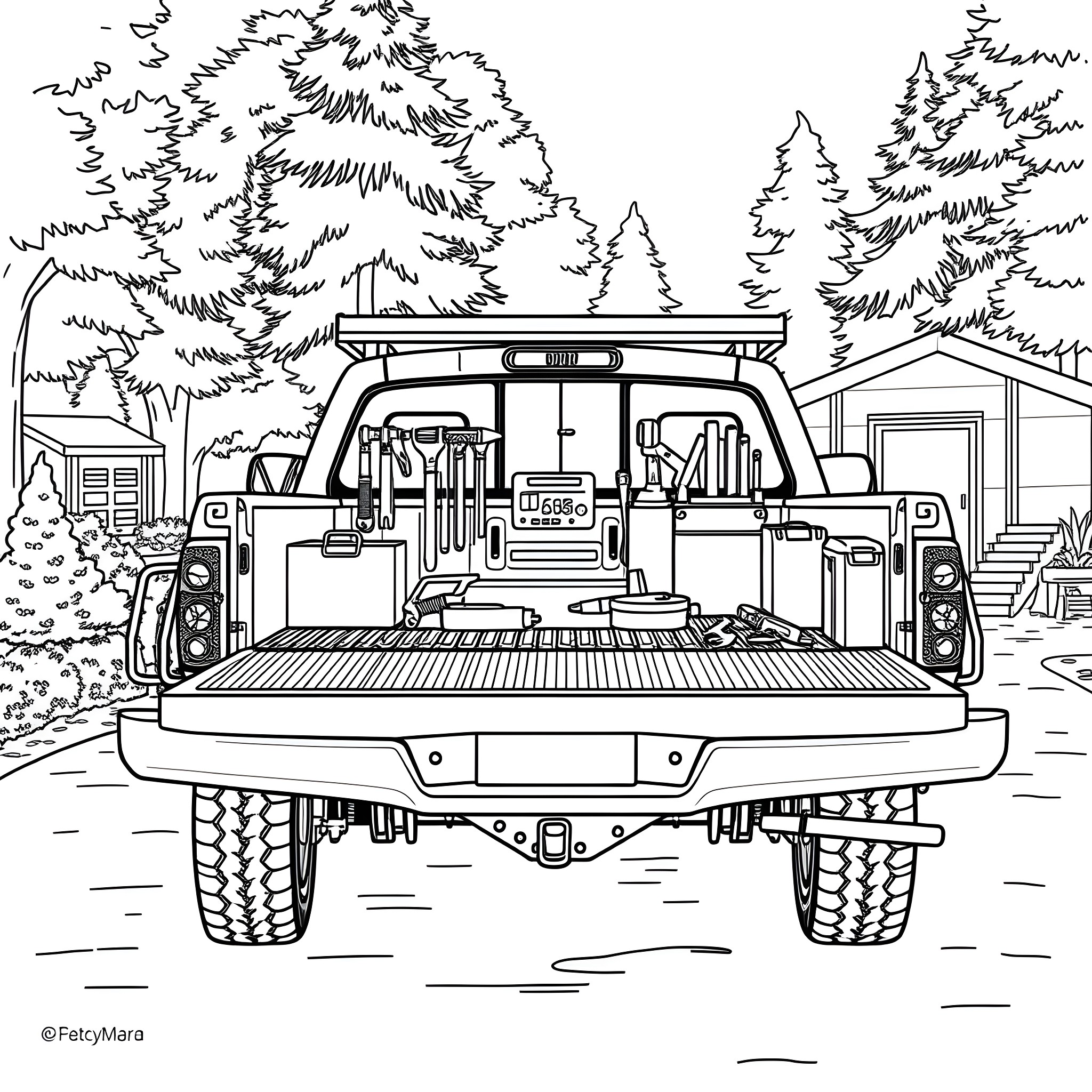 Pickup loaded with outdoor gear and equipment Coloring Page (free black-and-white line drawing printable PDF for all, from beginners to advanced learners, including children, teens, adults, and seniors)