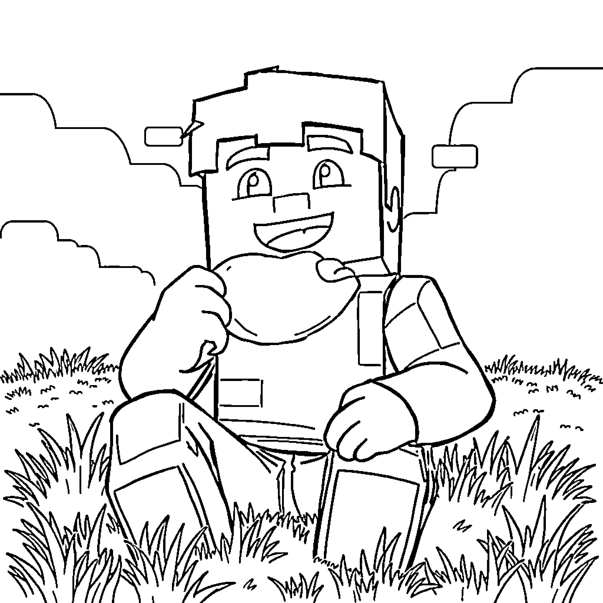 Minecraft Steve relaxing in grassy outdoors Coloring Page (free black-and-white line drawing printable PDF for all, from beginners to advanced learners, including children, teens, adults, and seniors)
