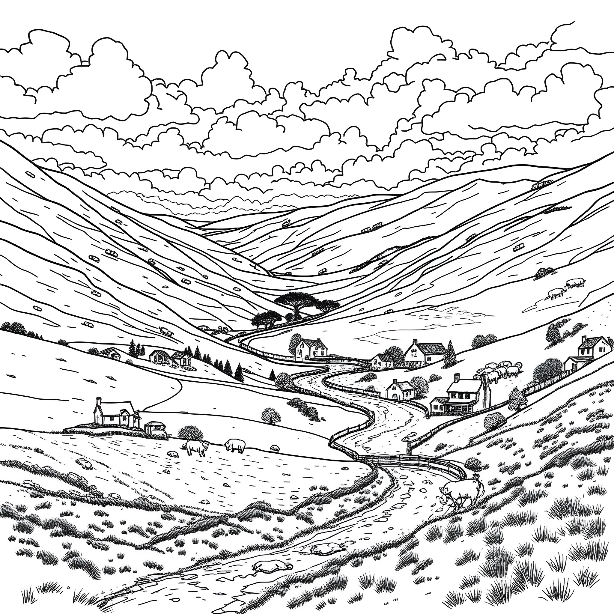 Valley with Winding Roads and Homes Amidst Clouds Coloring Page (free black-and-white line drawing printable PDF for all, from beginners to advanced learners, including children, teens, adults, and seniors)