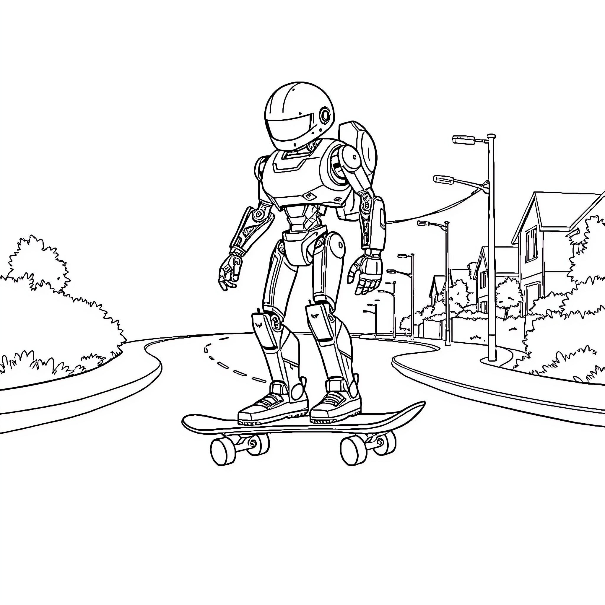 Robot riding a skateboard on the street Coloring Page (free black-and-white line drawing printable PDF for all, from beginners to advanced learners, including children, teens, adults, and seniors)