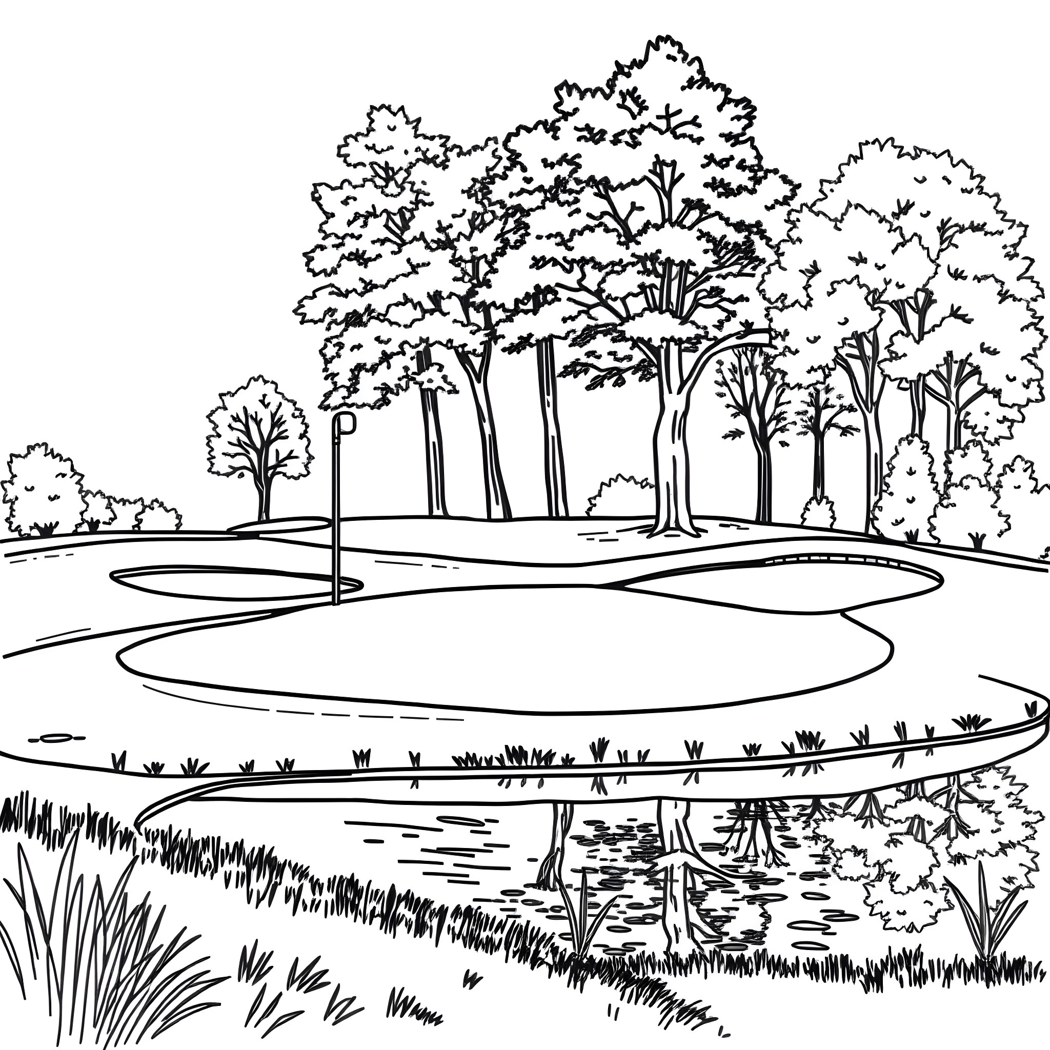 Hole in the forest with a pond Coloring Page (free black-and-white line drawing printable PDF for all, from beginners to advanced learners, including children, teens, adults, and seniors)