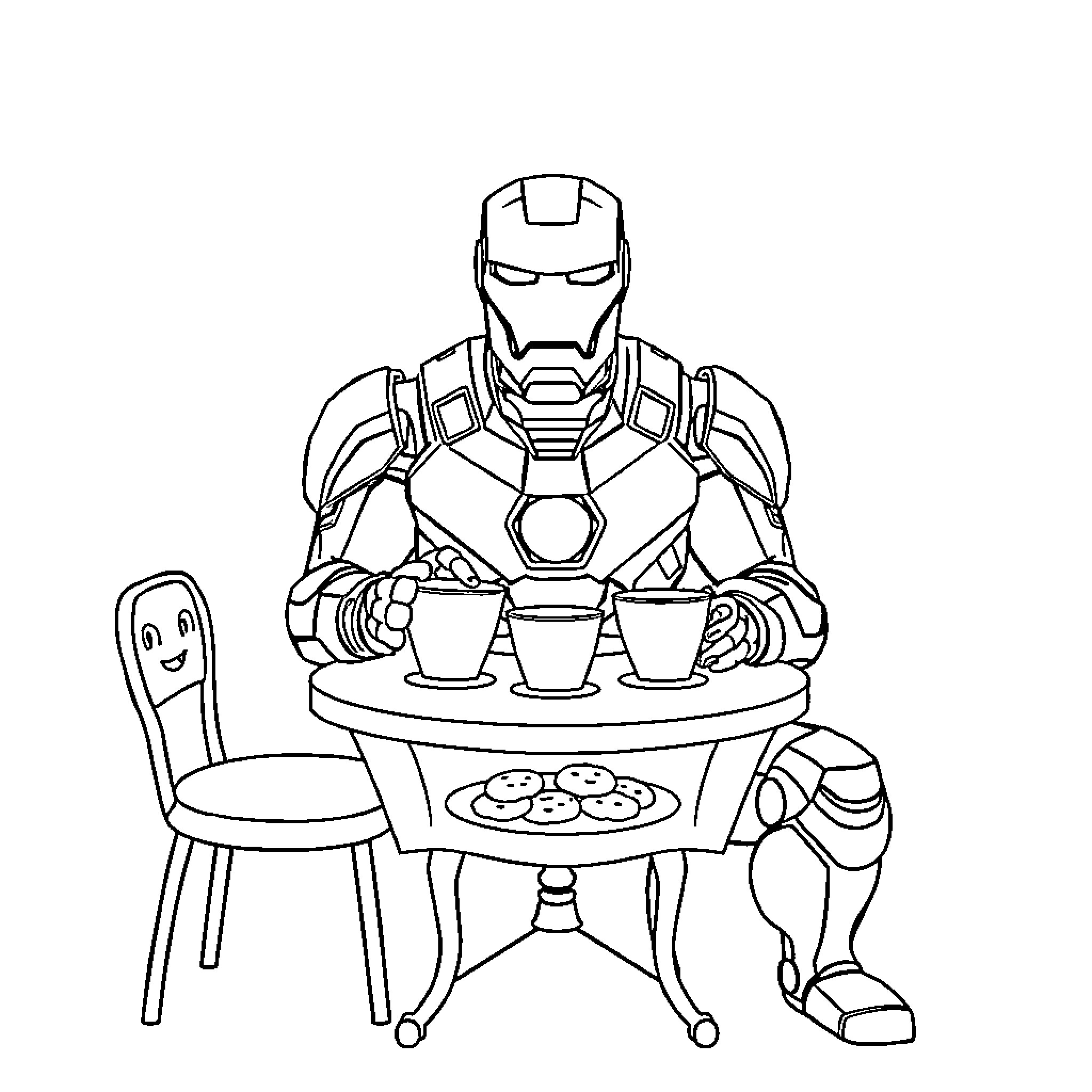 Iron Man serving coffee to guests Coloring Page (free black-and-white line drawing printable PDF for all, from beginners to advanced learners, including children, teens, adults, and seniors)