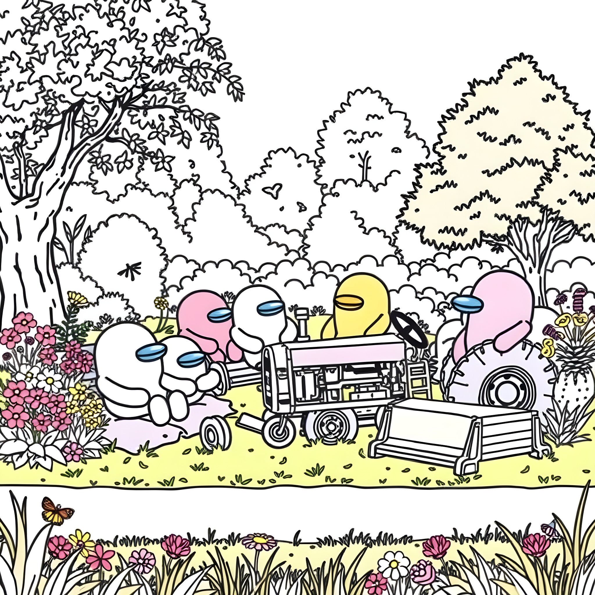 Among Us characters picnicking in a lush garden Coloring Page (free black-and-white line drawing printable PDF for all, from beginners to advanced learners, including children, teens, adults, and seniors)