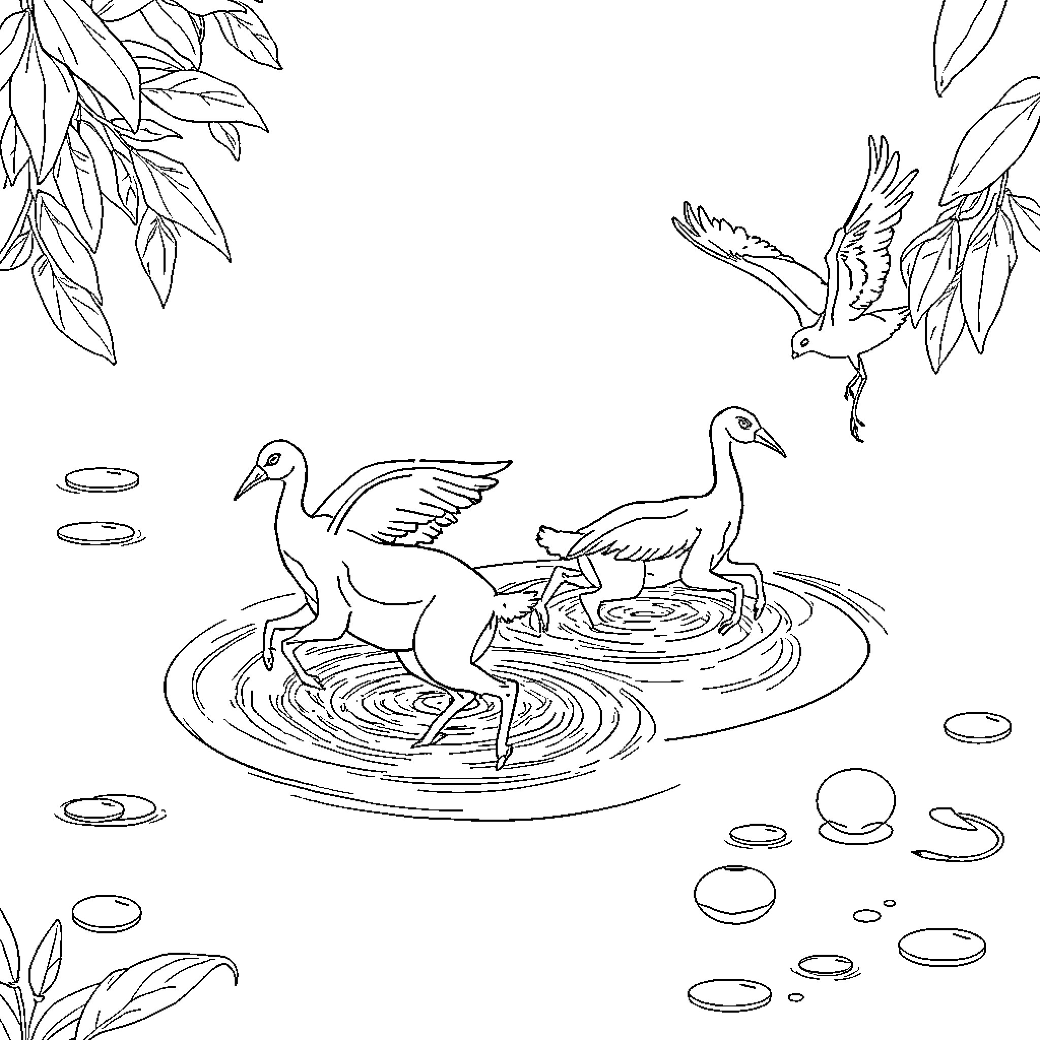 Frog playing in a pond with birds Coloring Page (free black-and-white line drawing printable PDF for all, from beginners to advanced learners, including children, teens, adults, and seniors)